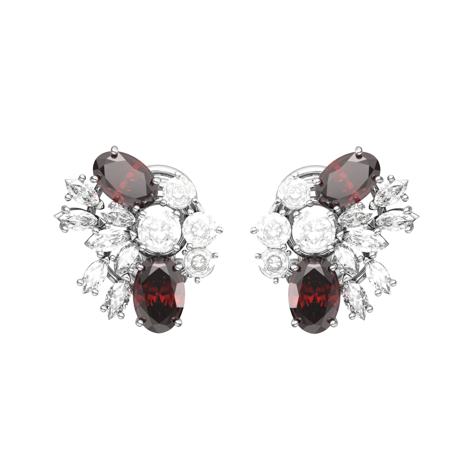 arya earrings,natural oval rubies, natural round and navette diamonds, 18K white gold, weight abot 5,0 g (0.18 oz), length 15,6 mm max