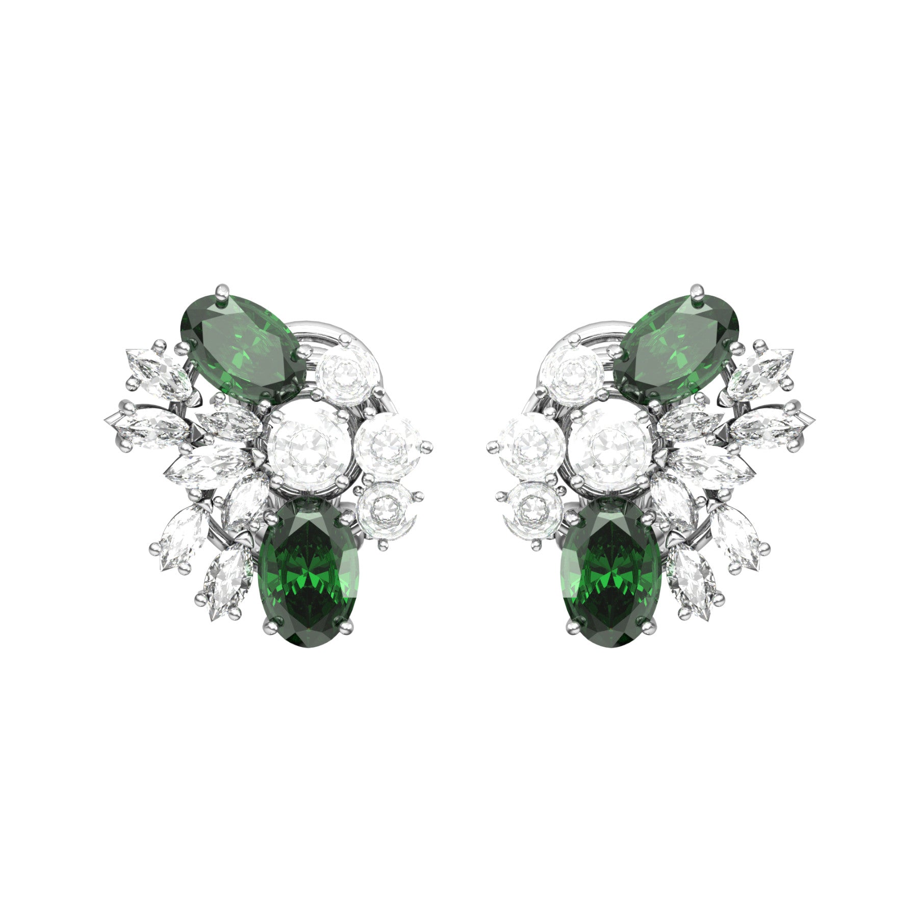 arya earrings,natural oval emeralds, natural round and navette diamonds, 18K white gold, weight abot 5,0 g (0.18 oz), length 15,6 mm max