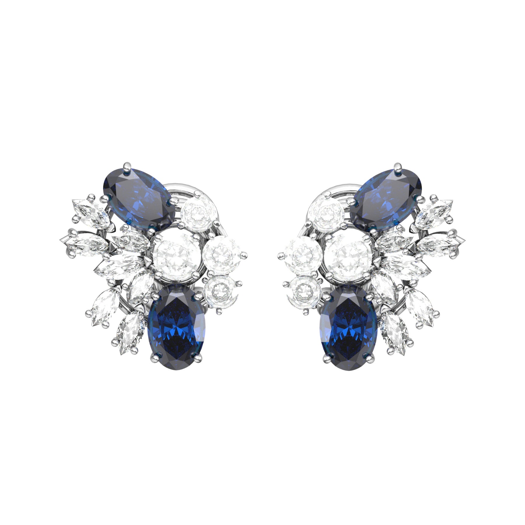 arya earrings,natural oval sapphires, natural round and navette diamonds, 18K white gold, weight abot 5,0 g (0.18 oz), length 15,6 mm max