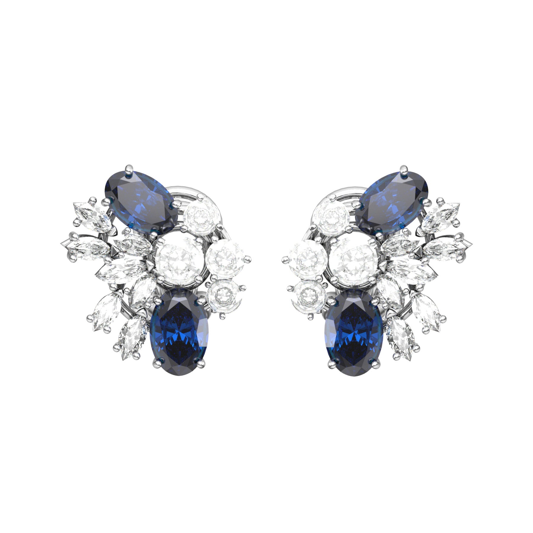 arya earrings,natural oval sapphires, natural round and navette diamonds, 18K white gold, weight abot 5,0 g (0.18 oz), length 15,6 mm max