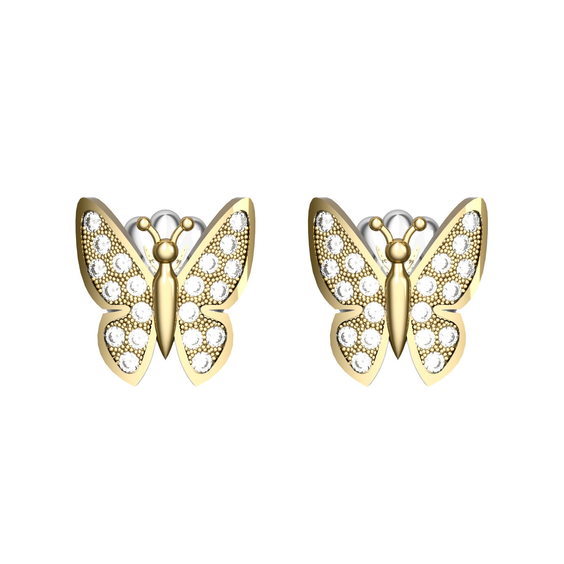 butterfly earrings, natural round diamonds, 18 K yellow gold, weight about 2,4 g (0.08 oz), size 10x9 mm 