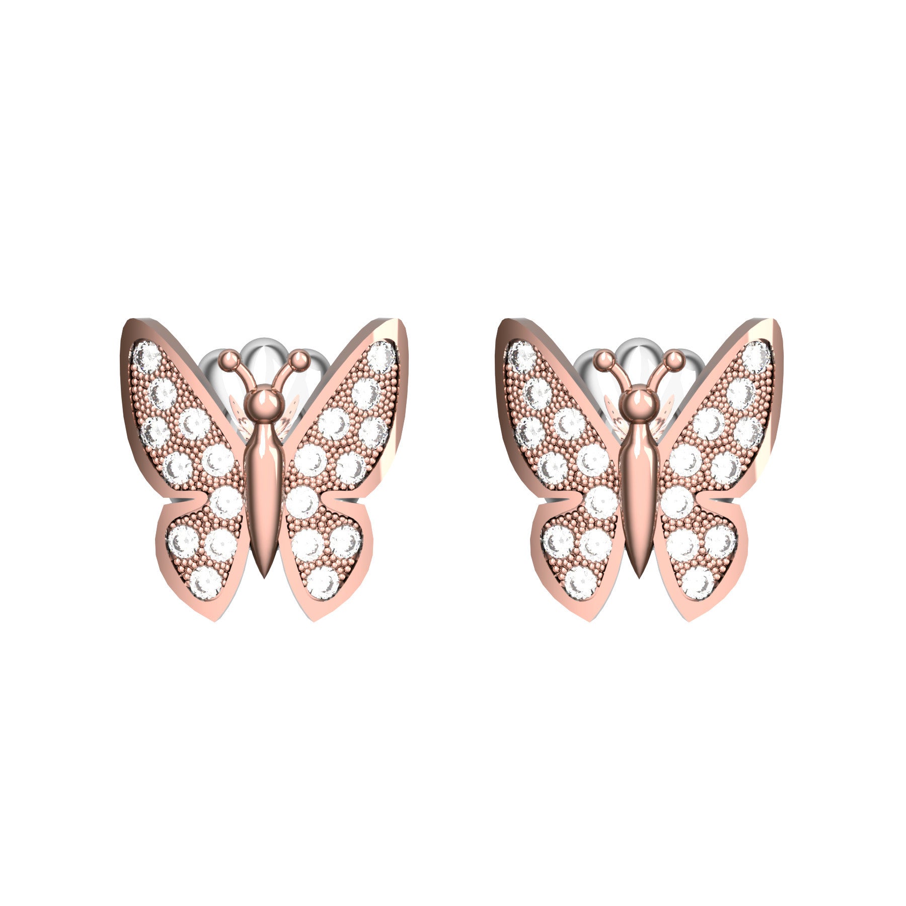 butterfly earrings, natural round diamonds, 18 K pink gold, weight about 2,4 g (0.08 oz), size 10x9 mm 