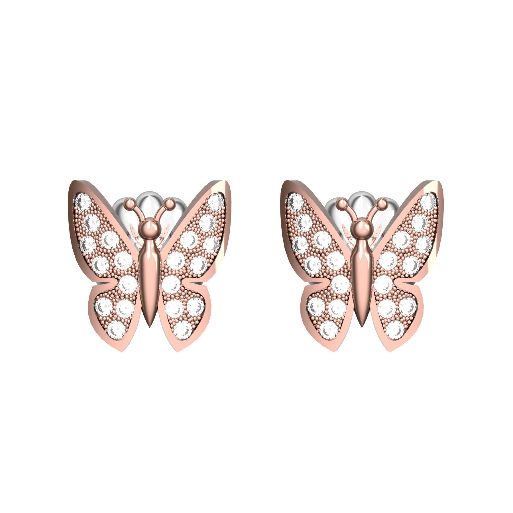 butterfly earrings, natural round diamonds, 18 K pink gold, weight about 2,4 g (0.08 oz), size 10x9 mm