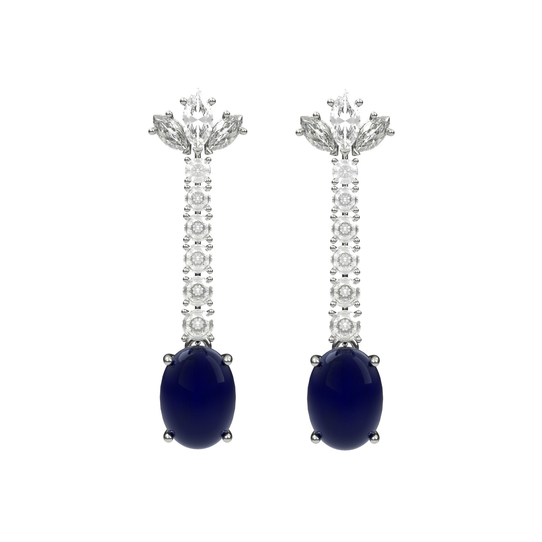 pendant earring, natural cabochon sapphires, natural diamonds 18 K white gold, weight about 3,2 g (0,11 oz), length 30 mm