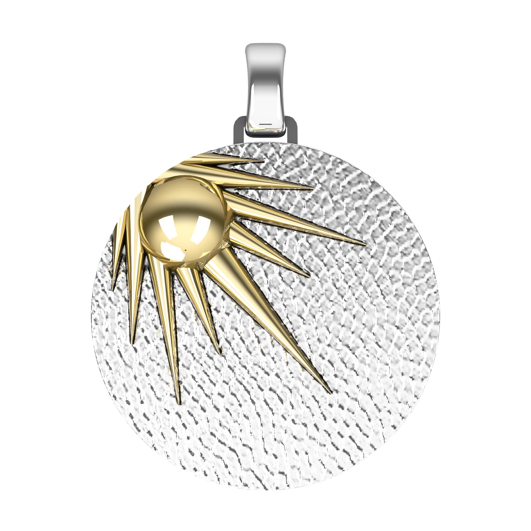 sun pendant, sterling silver and golden sterling silver, weight about 36,0 g (1.29 oz), diameter 40 mm