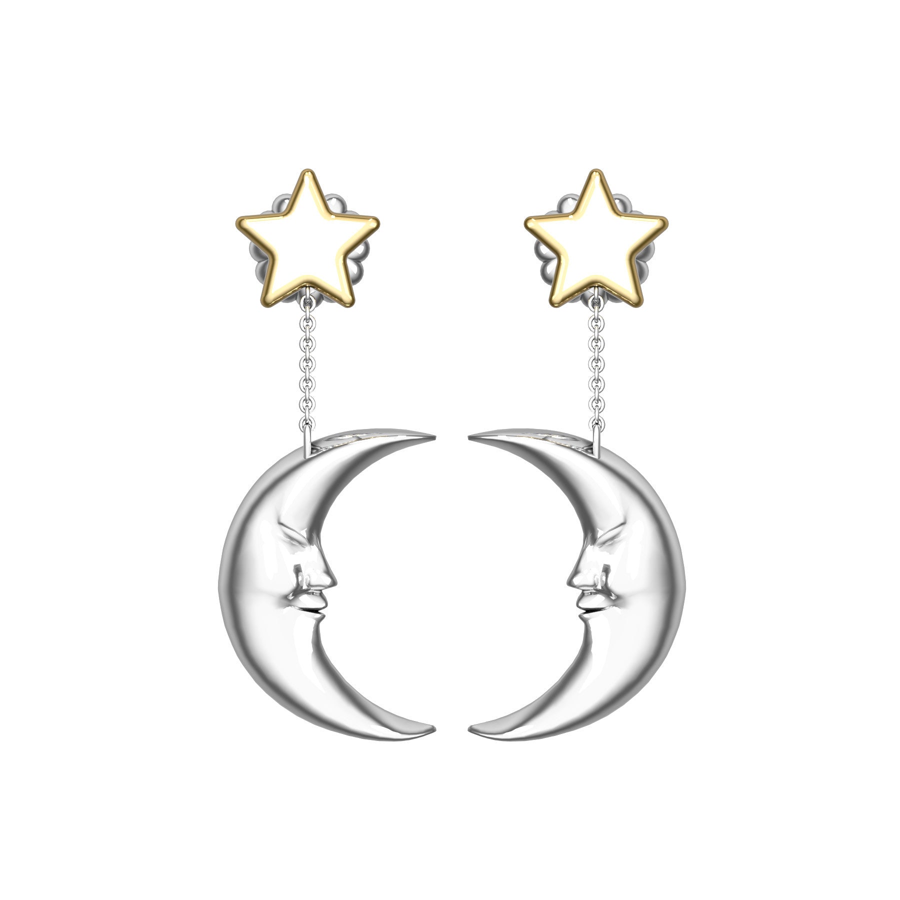 moon earrings, 18 K white and yellow gold, weight about 5,4 g (0.19 oz), length 36,5 mm