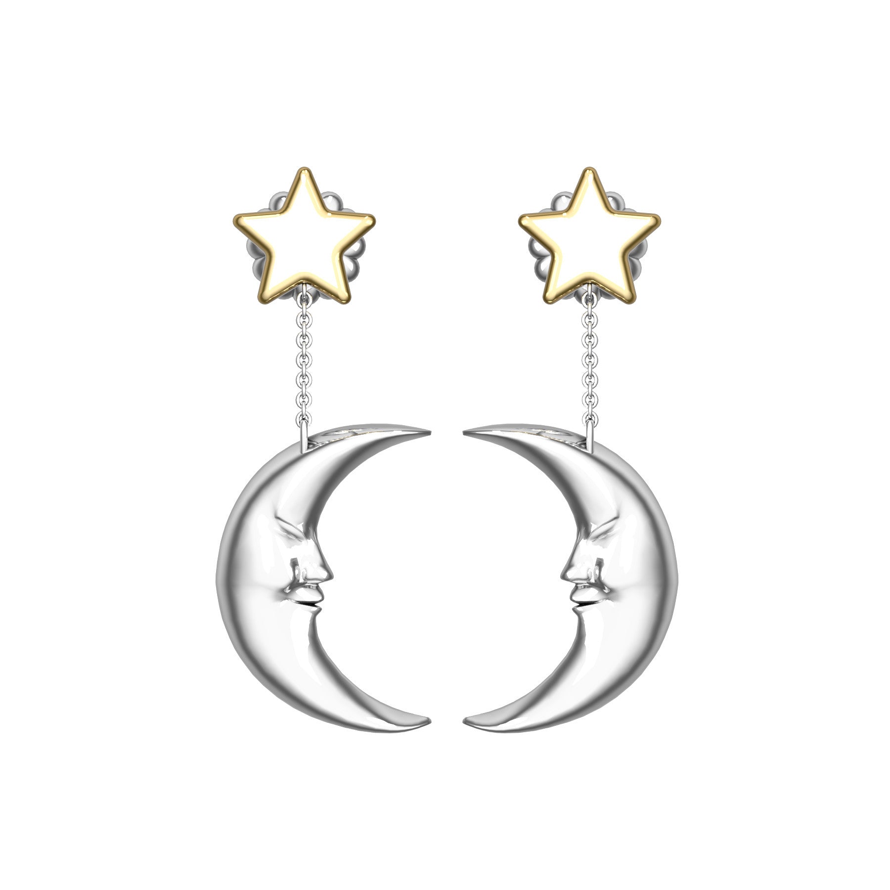 moon earrings, 18 K white and yellow gold, weight about 5,4 g (0.19 oz), length 36,5 mm