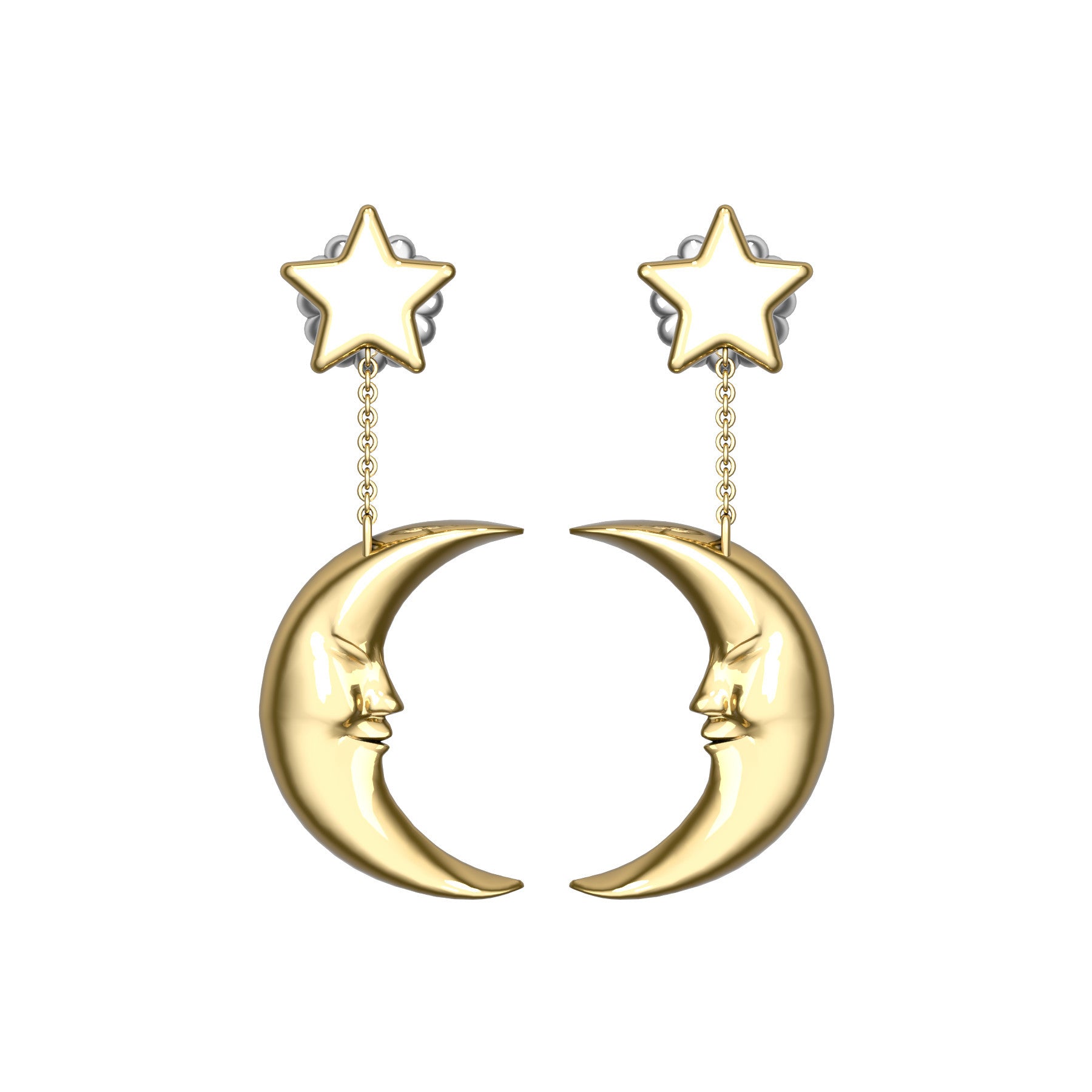 moon earrings, 18 K yellow gold, weight about 5,2 g (0.18 oz), length 36,5 mm