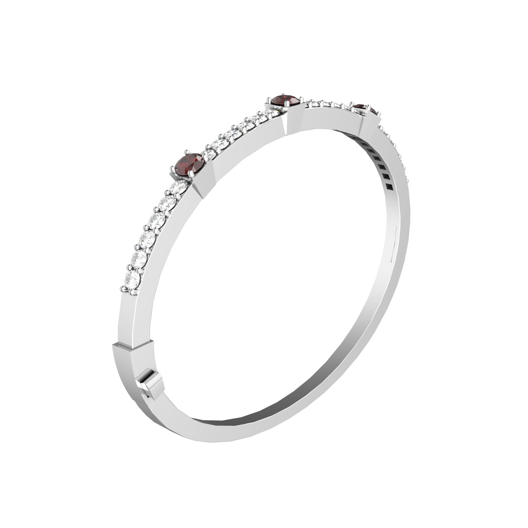vesper rigid bracelet, natural round rubies, natural round diamonds, 18 K white gold, weight about 16,0 to 34,1 g (0.56 to 1.20 oz); width 4,0 mm max