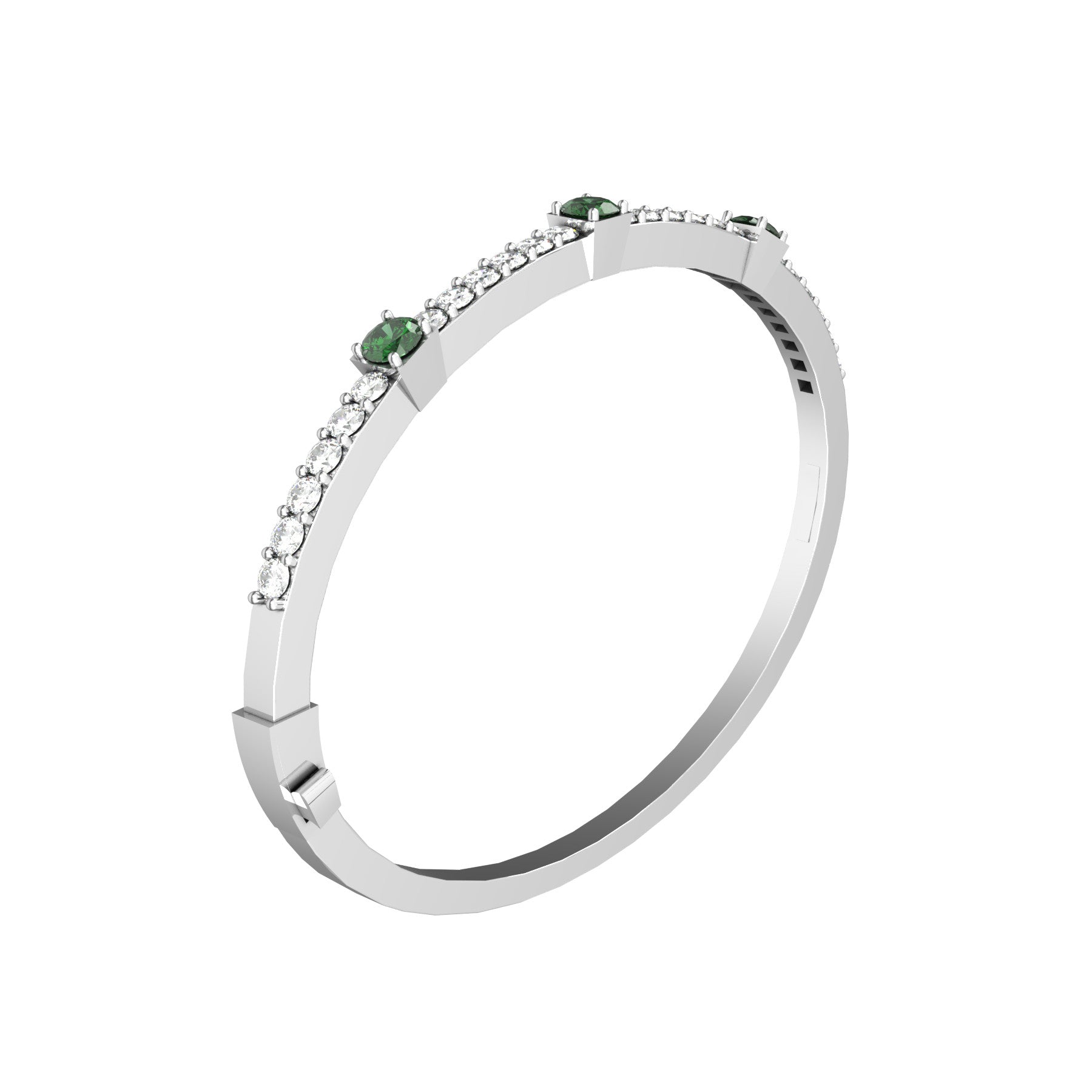 vesper rigid bracelet, natural round emeralds,  natural round diamonds, 18 K white gold, weight  about 16,0 to 34,1 g (0.56 to 1.20 oz); width 4,0 mm max