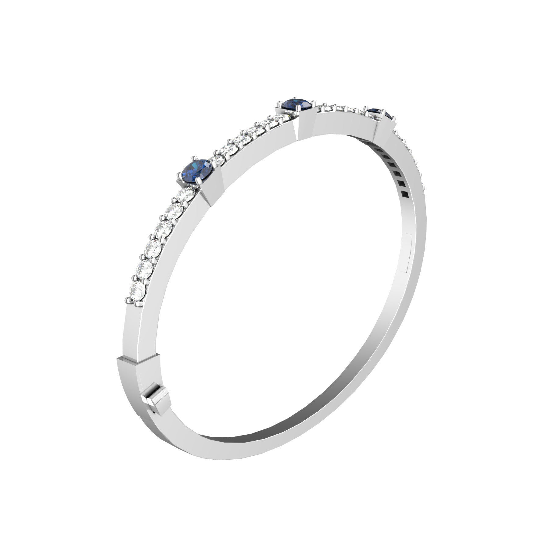 vesper rigid bracelet, natural round sapphires, natural round diamonds, 18 K white gold, weight about 16,0 to 34,1 g (0.56 to 1.20 oz); width 4,0 mm max