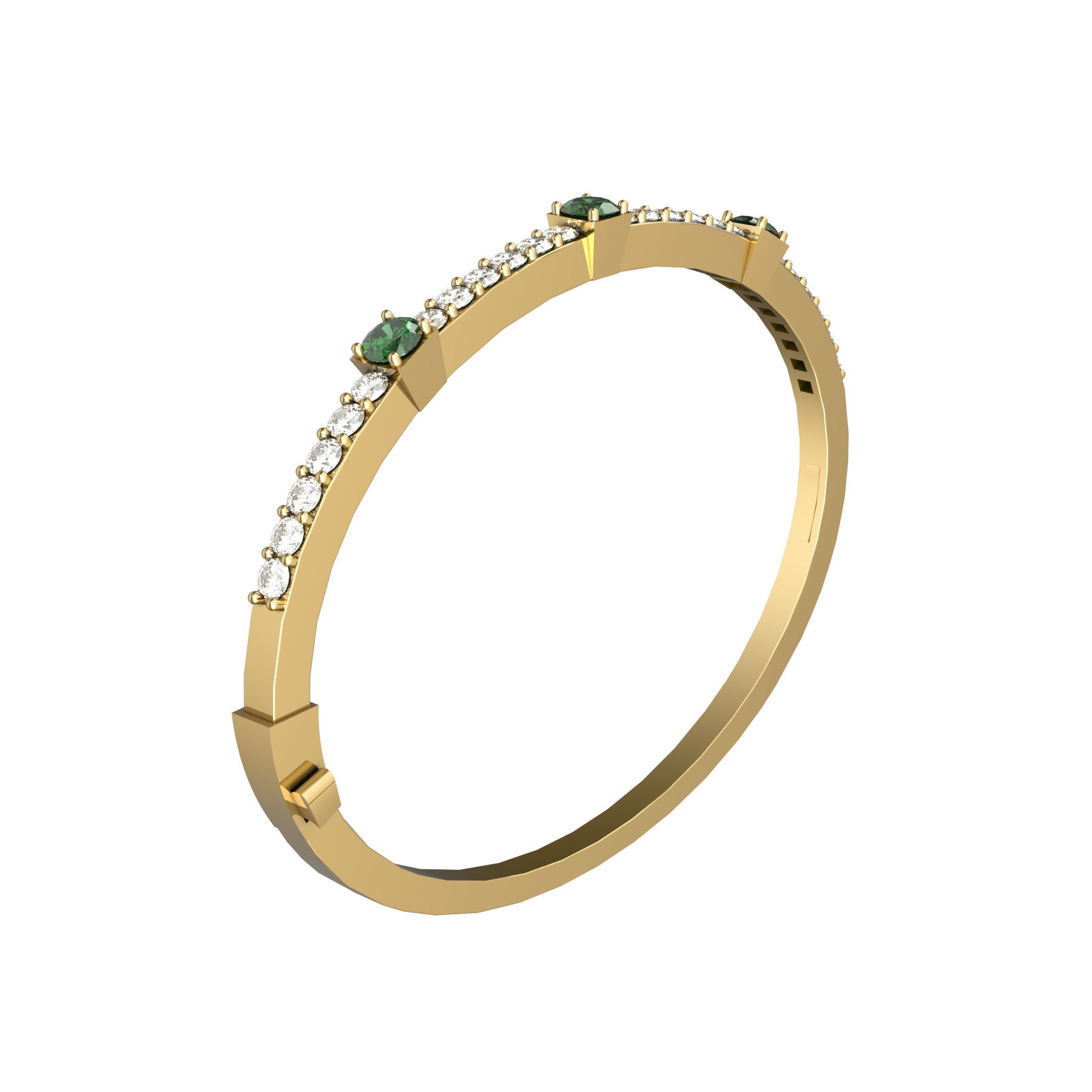 vesper rigid bracelet, natural round emeralds, natural round diamonds, 18 K yellow gold, weight about 15,0 to 32,4 g (0.53 to 1.14 oz); width 4,0 mm max
