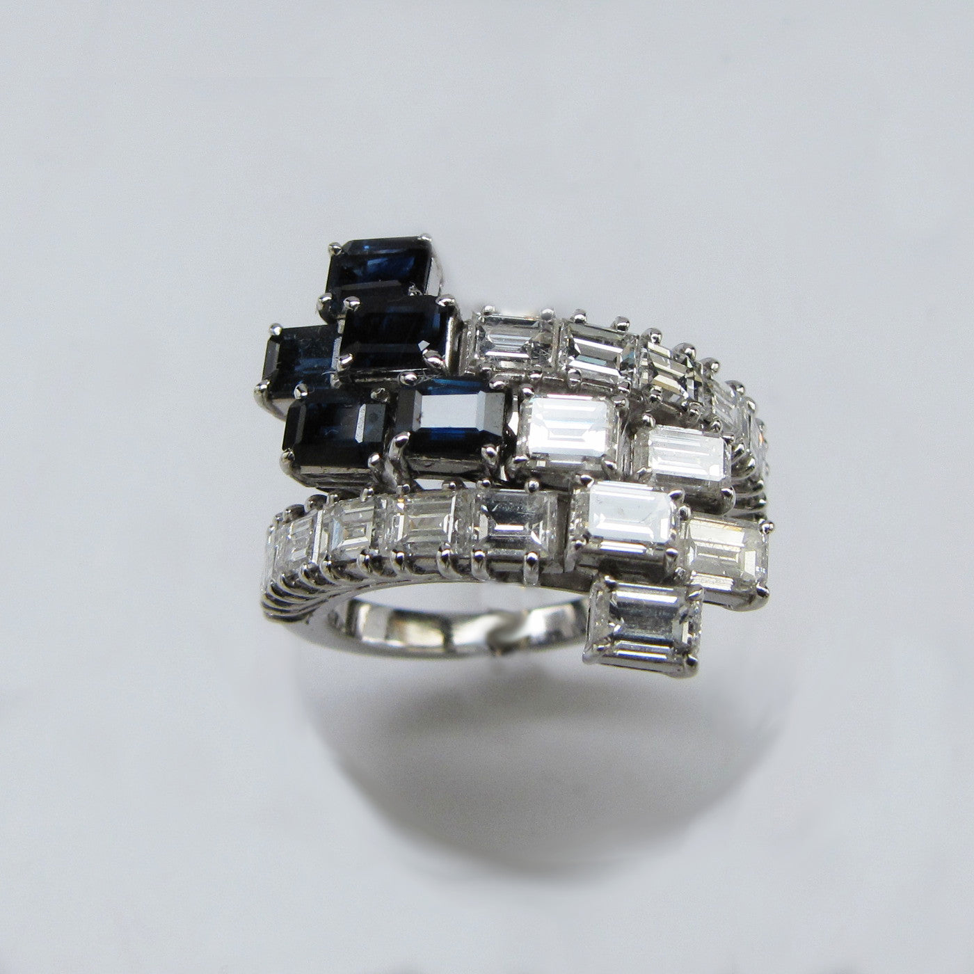 new deco ring, natural diamonds, natural sapphires, 18 K white gold,  weight 6,8 g. (0.24 oz), width 16 mm max 