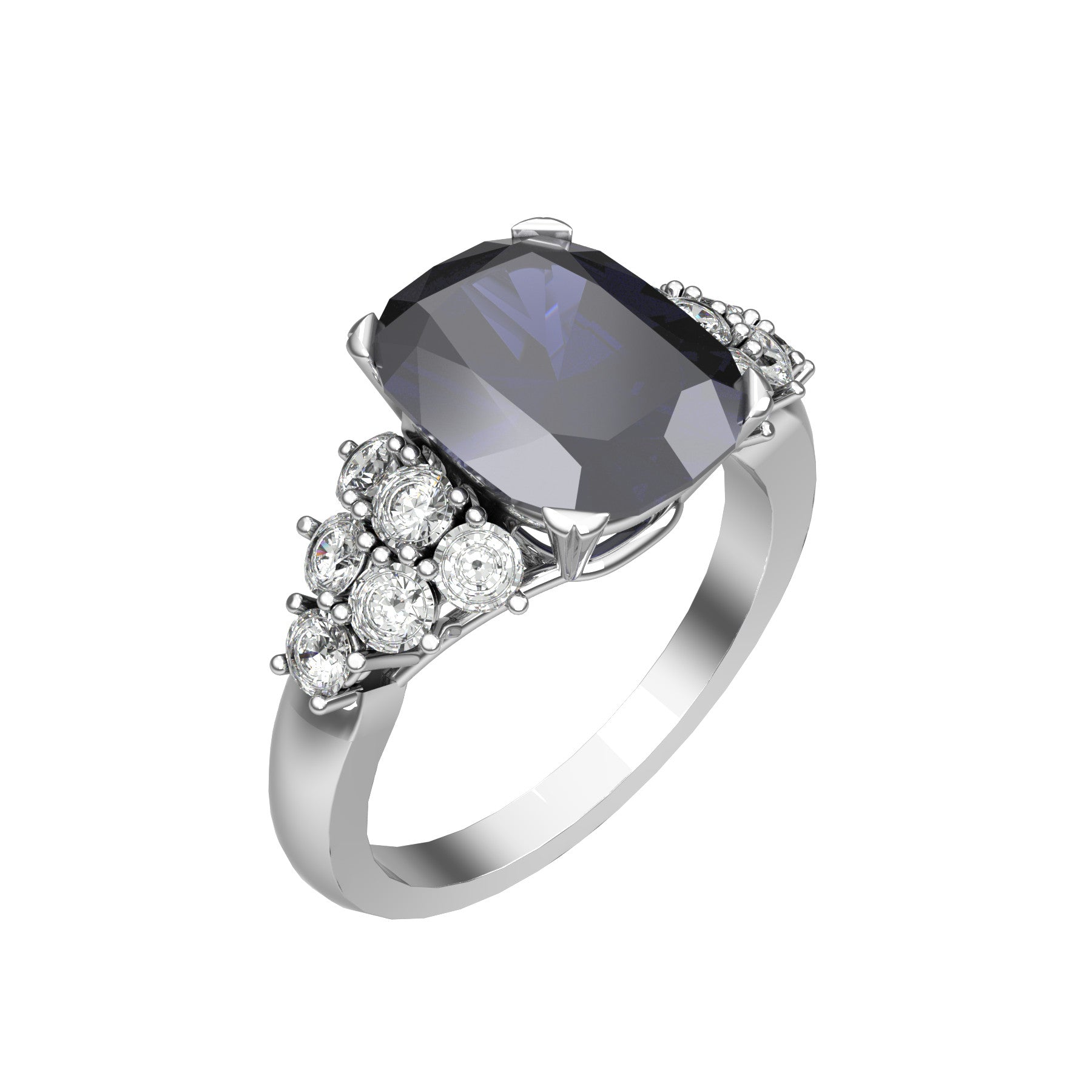 bleu royal ring, 18 K white gold, 3,48 natural sapphire, 12 natural round diamonds, weight 4,50 g. (0.16 oz), width 10, 4 mm max