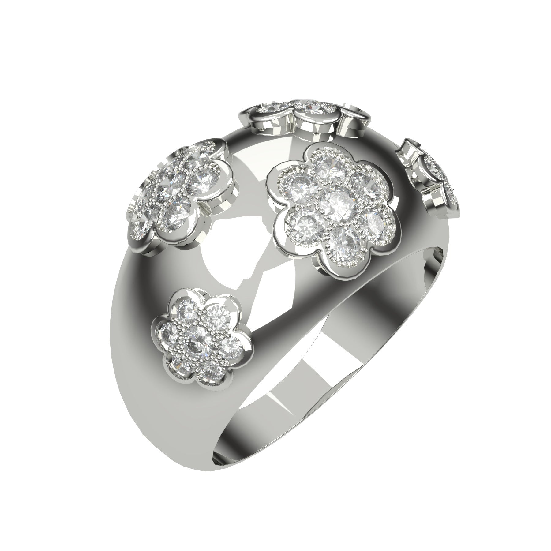 Blooming band ring, natural round diamonds, 18 k white gold, weight about 7,50 g (0.26 oz), width 12 mm max