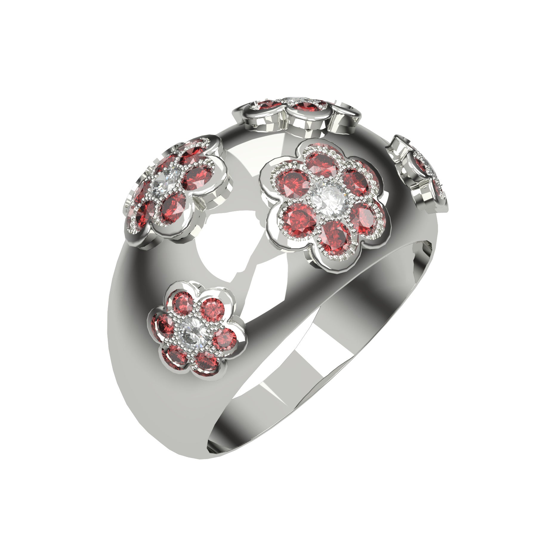 Blooming band ring, natural round diamonds, natural round rubies, 18 k white gold, weight about 7,50 g (0.26 oz), width 12 mm max