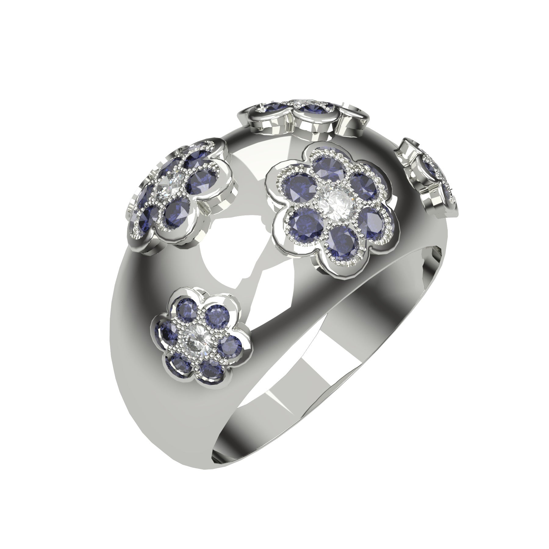 Blooming band ring, natural round diamonds, natural round sapphires, 18 k white gold, weight about 7,50 g (0.26 oz), width 12 mm max