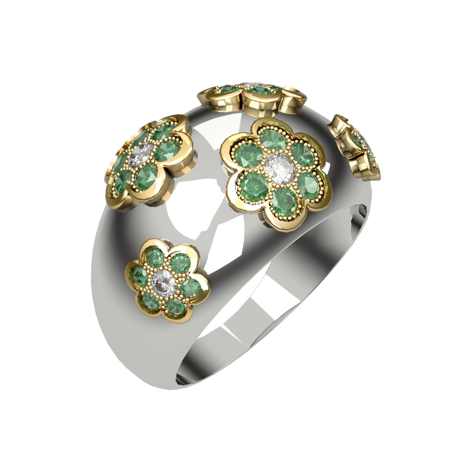 Blooming band ring, natural round diamonds, natural round emeralds, 18 k yellow and white gold, weight about 7,50 g (0.26 oz), width 12 mm max