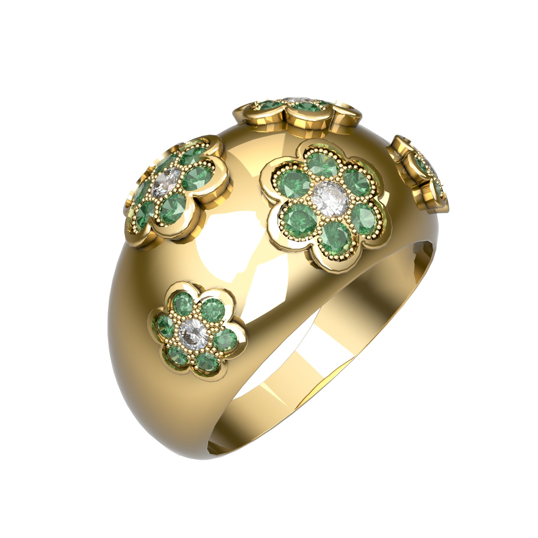 Blooming band ring, natural round diamonds, natural round emeralds, 18 k yellow gold, weight about 7,00 g (0.25 oz), width 12 mm max