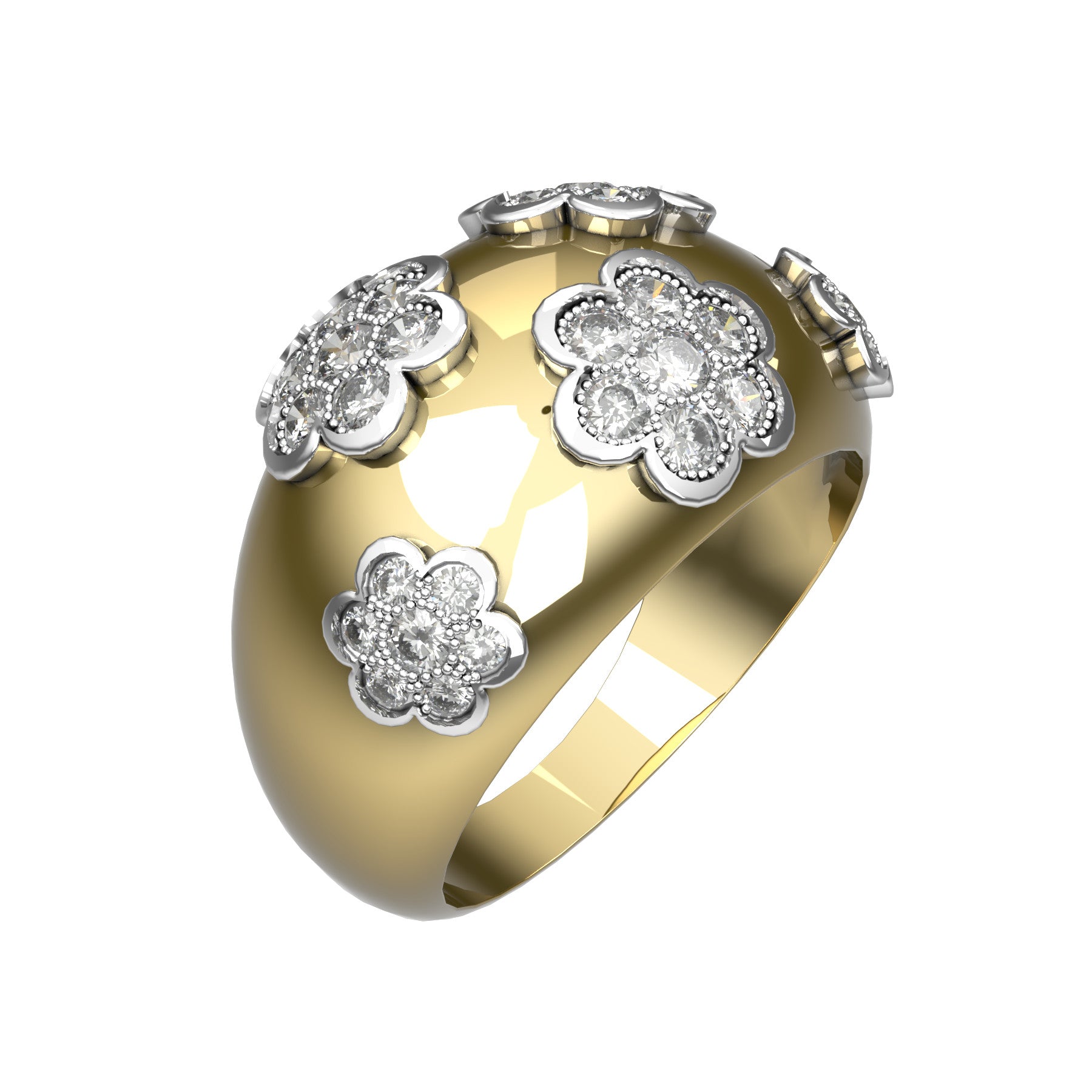 Blooming band ring, natural round diamonds, 18 k yellow and white gold, weight about 7,00 g (0.25 oz), width 12 mm max
