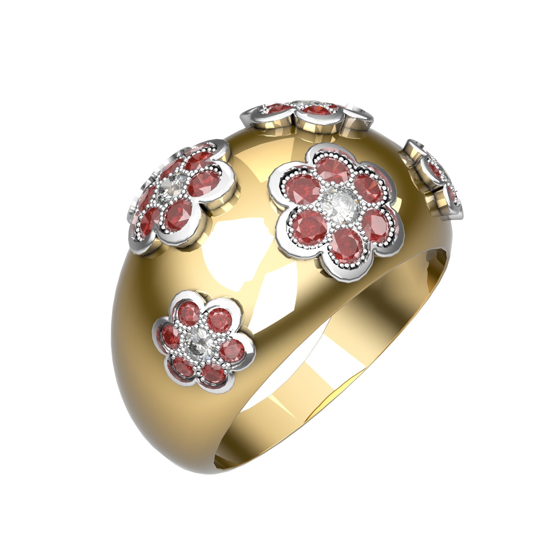 Blooming band ring, natural round diamonds, natural round rubies, 18 k yellow and white gold, weight about 7,00 g (0.25 oz), width 12 mm max