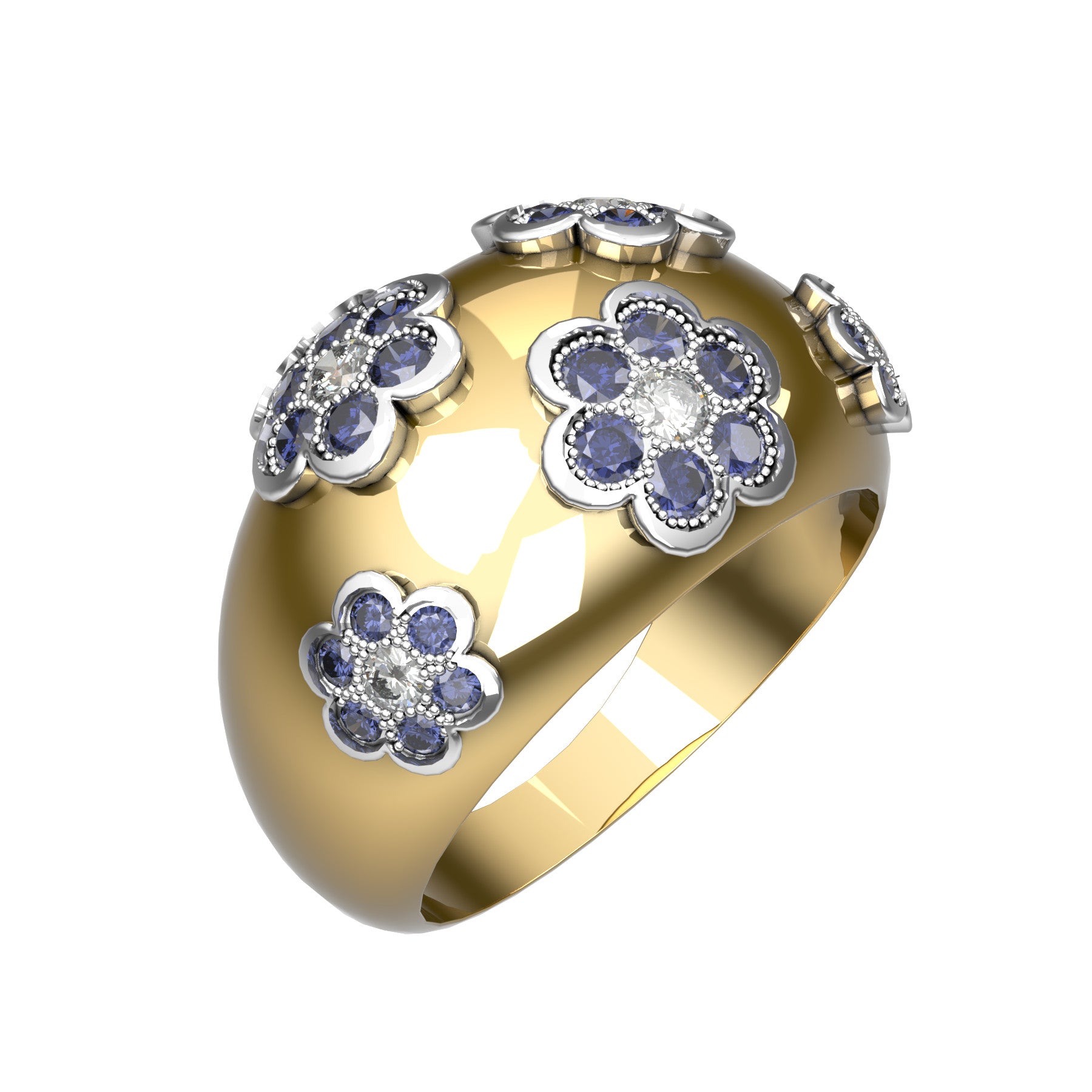 Blooming band ring, natural round diamonds, natural round sapphires, 18 k yellow and white gold, weight about 7,00 g (0.25 oz), width 12 mm max