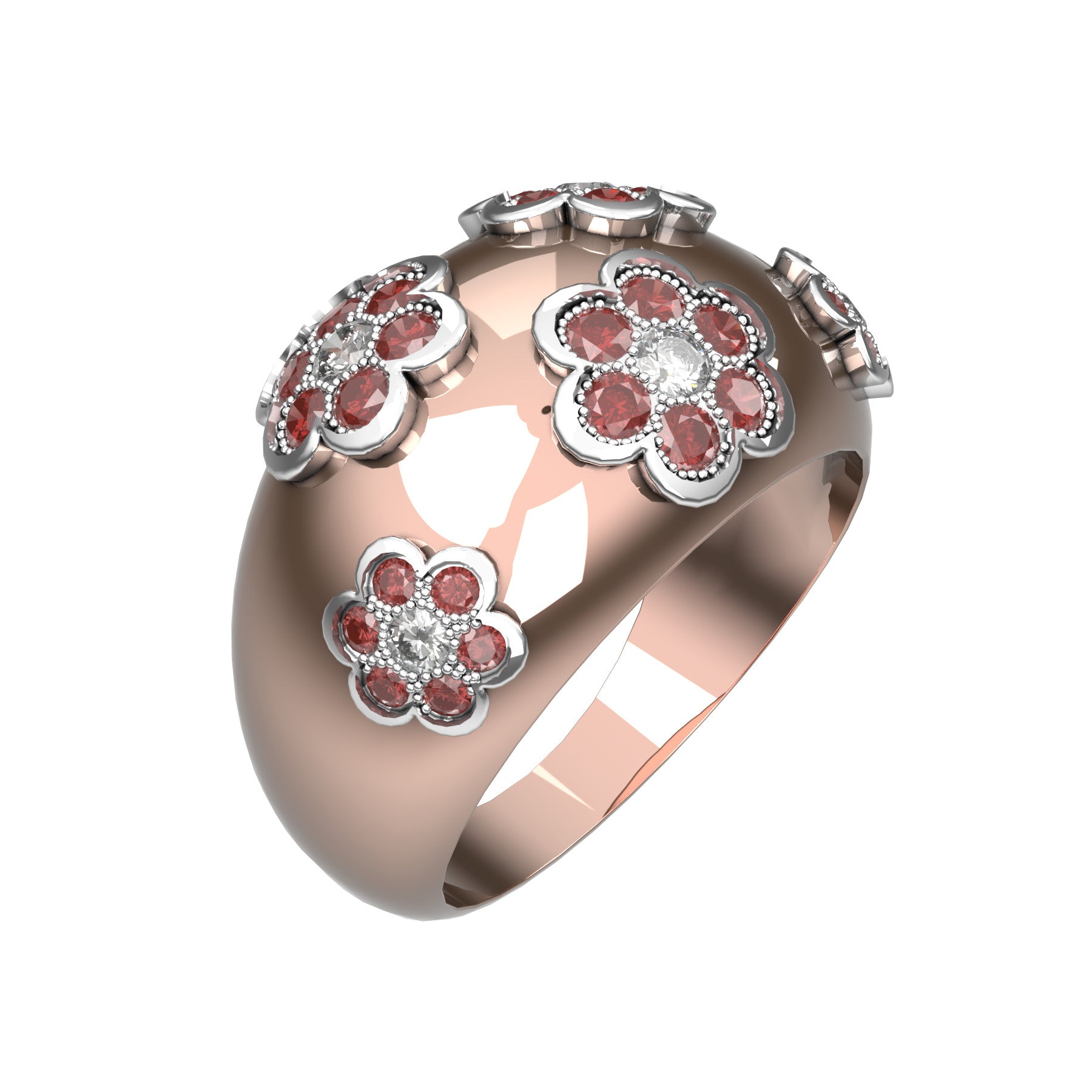 Blooming band ring, natural round diamonds, natural round rubies, 18 k pink and white gold, weight about 7,00 g (0.25 oz), width 12 mm max
