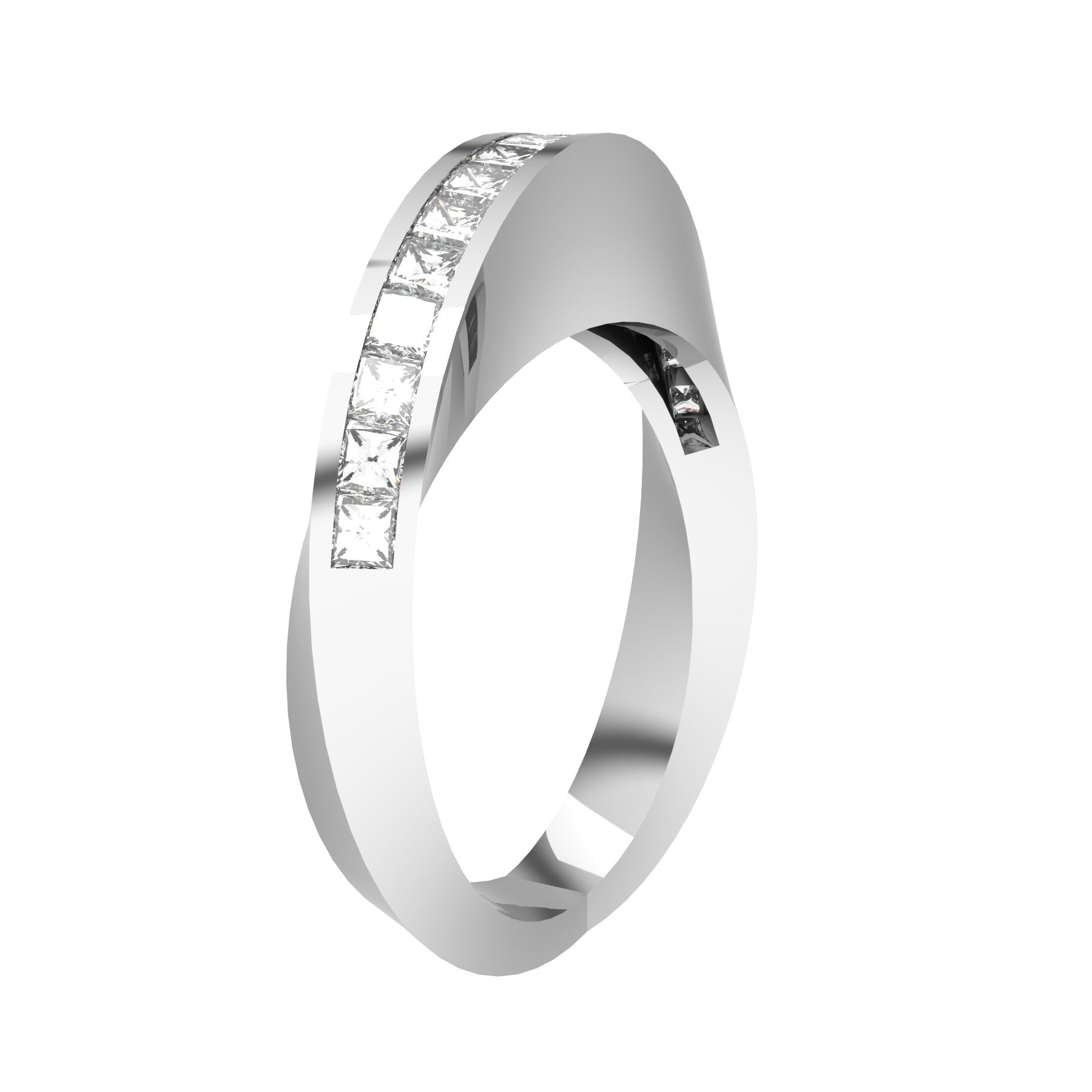 crazy ribbon ring, 18 K white gold, 18 square natural diamonds, about 0,90 ct, weight about 8,8 g (0.31 oz) width 3 mm