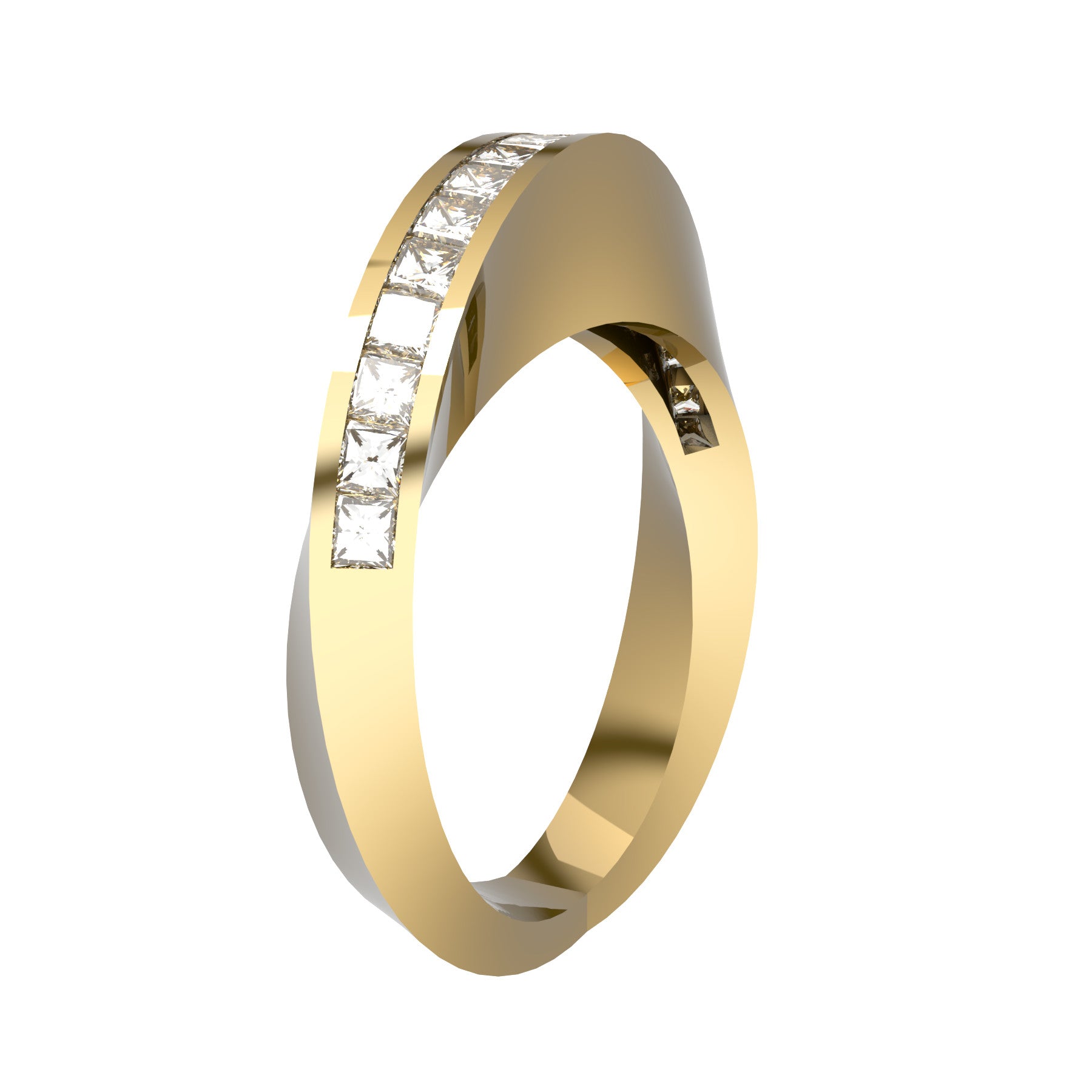 crazy ribbon ring, 18 K yellow gold, 18 square natural diamonds, about 0,90 ct, weight about 8,5 g (0.30 oz) width 3 mm