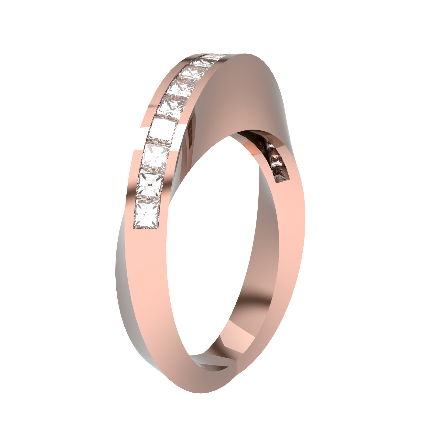crazy ribbon ring, 18 K pink gold, 18 square natural diamonds, about 0,90 ct, weight about 8,5 g (0.30 oz) width 3 mm