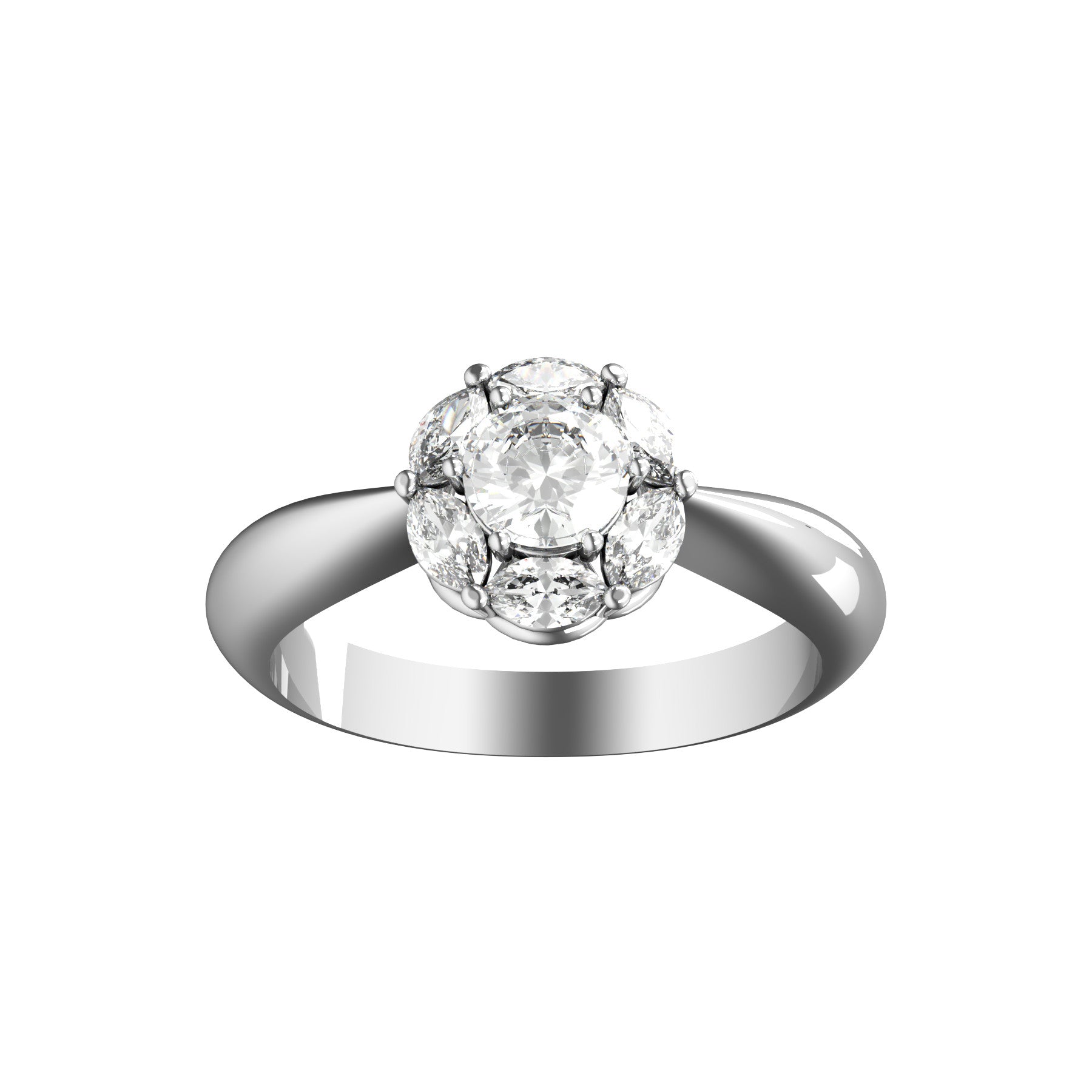deep love engagement ring, 18 K white gold, 0,30 ct round natural diamond, navette natural diamonds, weight about 3,5 g. (0.12 oz), width 7,8 mm max