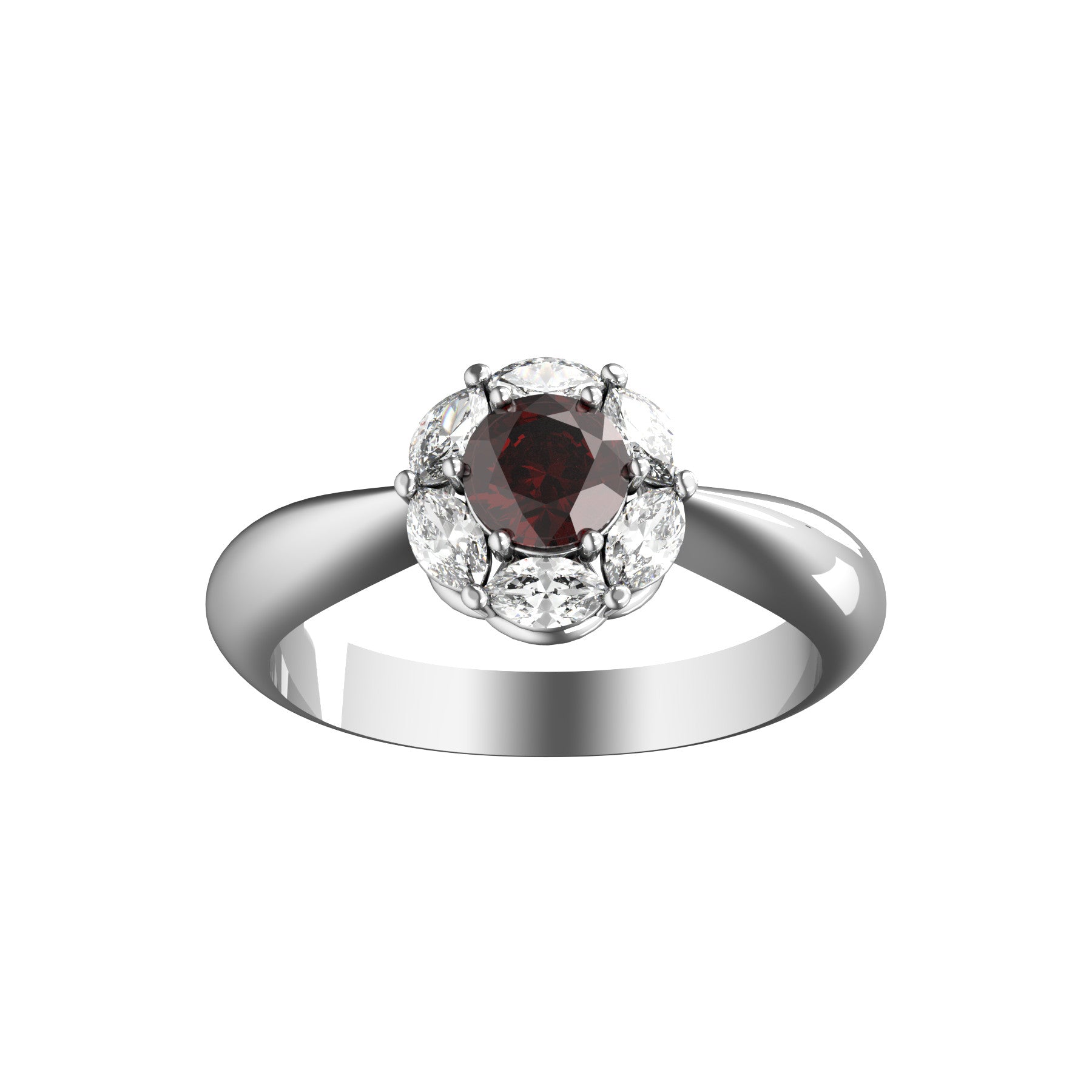 deep love ring, 18 K white gold, about 0,34 ct round natural ruby, navette natural diamonds, weight about 3,5 g. (0.12 oz), width 7,8 mm max