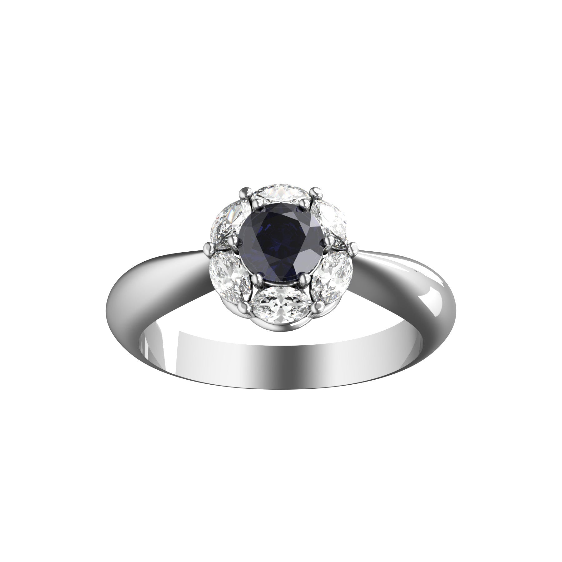 deep love ring, 18 K white gold, about 0,34 ct round natural sapphire, navette natural diamonds, weight about 3,5 g. (0.12 oz), width 7,8 mm max