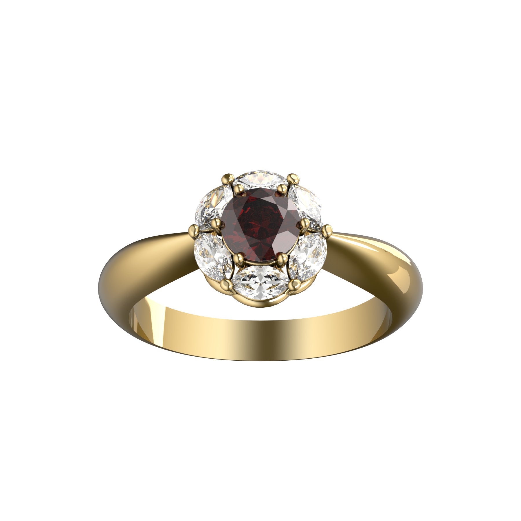 deep love ring, 18 K yellow gold, about 0,34 ct round natural ruby, navette natural diamonds, weight about 3,2 g. (0.11 oz), width 7,8 mm max
