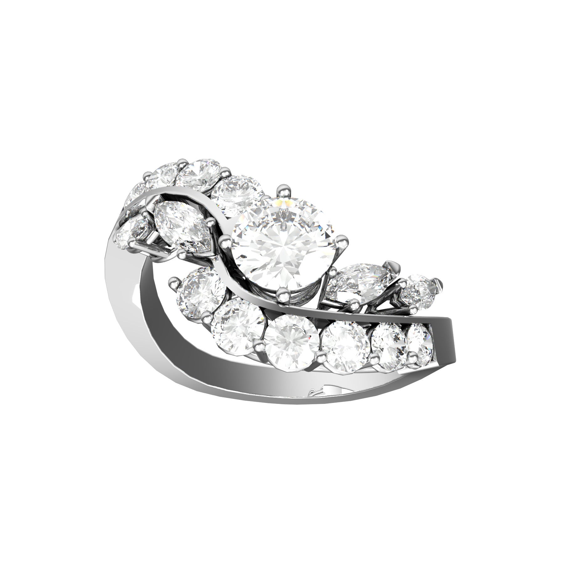 diamond ring, 0,59 natural round diamond, 11 natural round diamonds, 4 natural navette diamonds, 18 K white gold, weight about 3,6  g. (0.13 oz), width 13,3 mm max