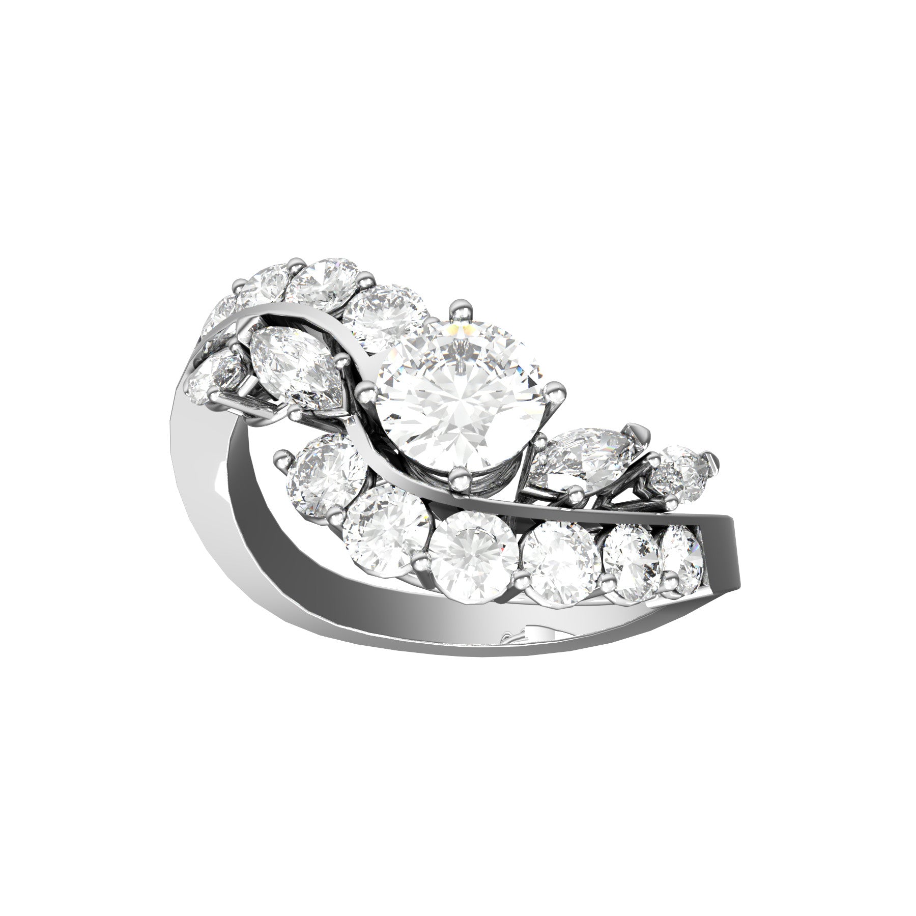 diamond ring, 0,59 natural round diamond, 11 natural round diamonds, 4 natural navette diamonds, 18 K white gold, weight about 3,6 g. (0.13 oz), width 13,3 mm max