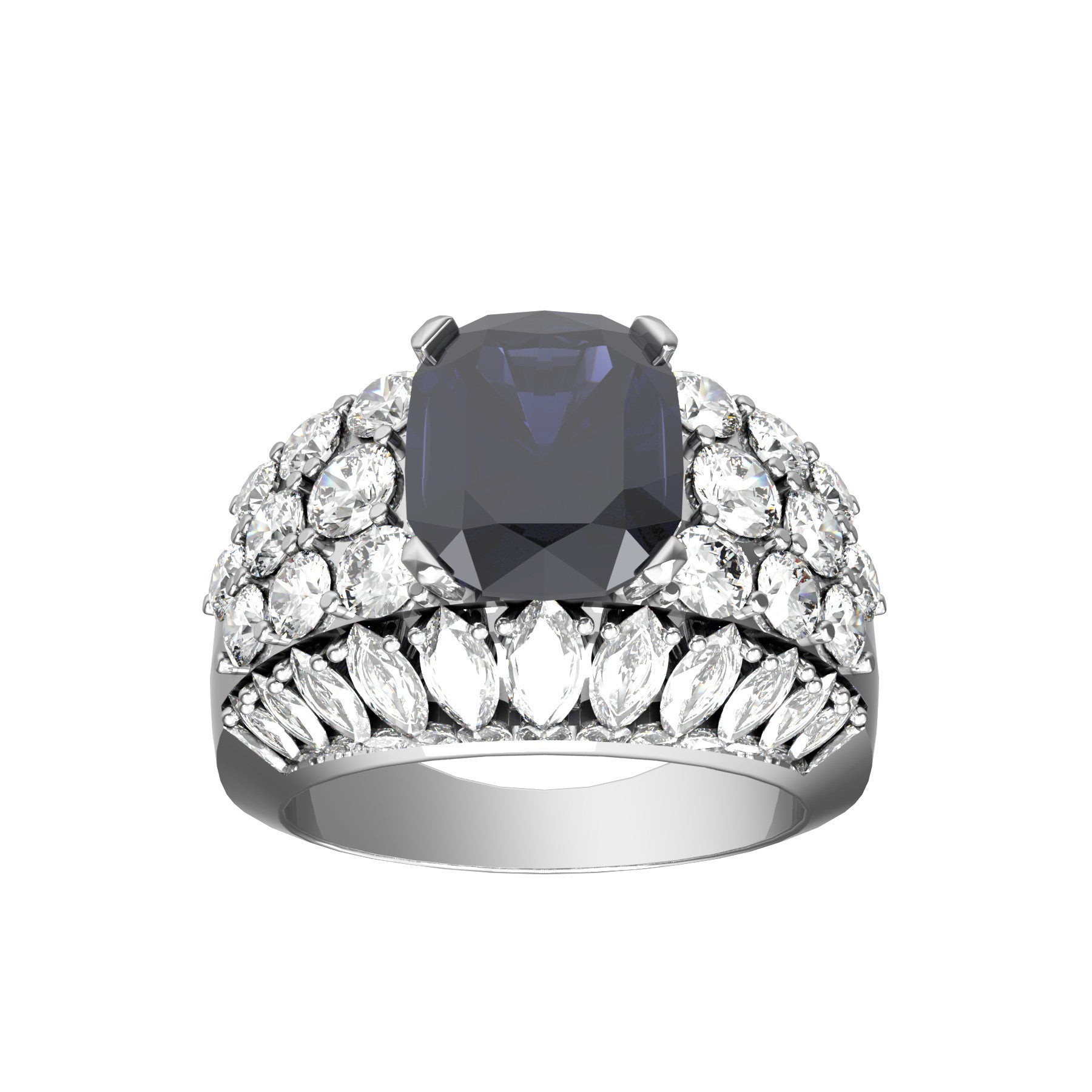 band ring, 3,48 ct natural sapphire, natural round diamonds, natural marquise diamonds,18 K white gold, weight about 12,0 g. (0,42 oz), width 13,5 mm max