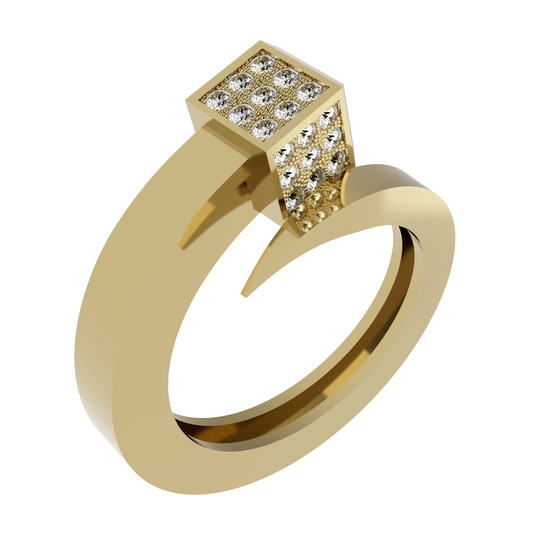 Lucky nail ring, 18 k yellow gold, weight about 8,00 g (0,28 oz), 31 round natural diamonds, width 8,70 mm
