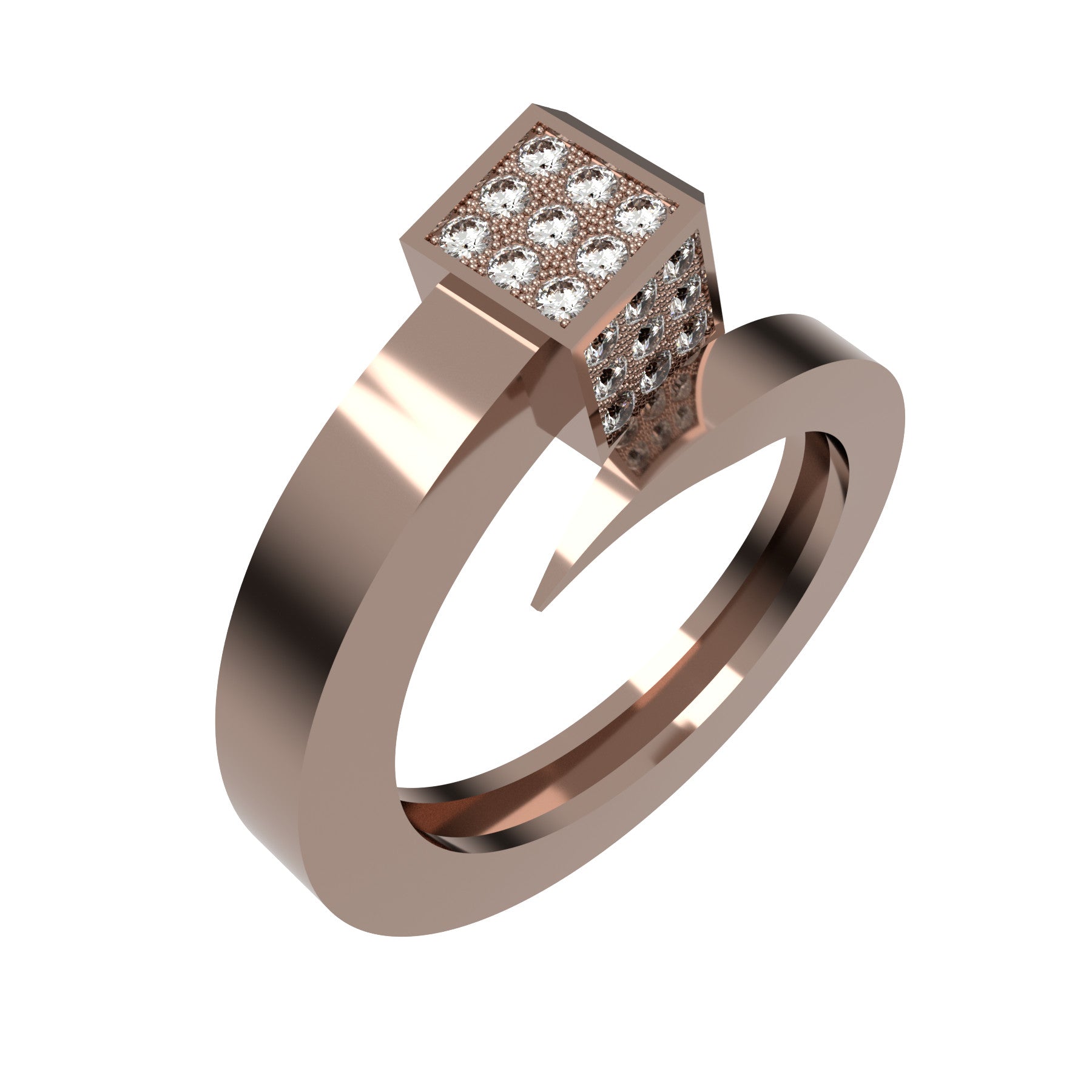 Lucky nail ring, 18 k pink gold, weight  about 8,00 g (0,28 oz), 31 round natural diamonds, width 8,70 mm