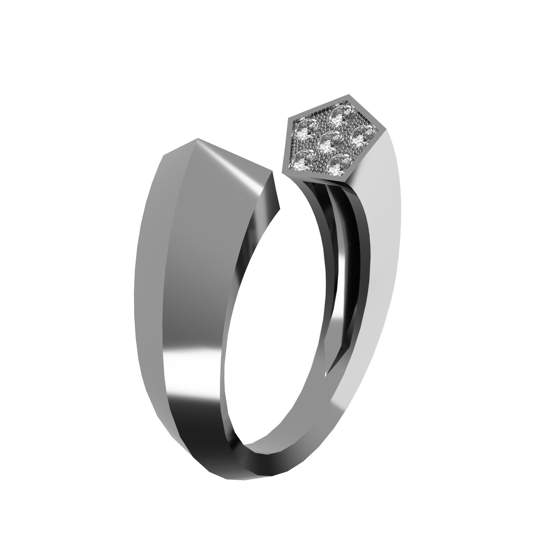 Open pentagonal ring, 18 k white gold, natural diamonds, weight about 6,50 g (0,23 oz), width 7,1 mm