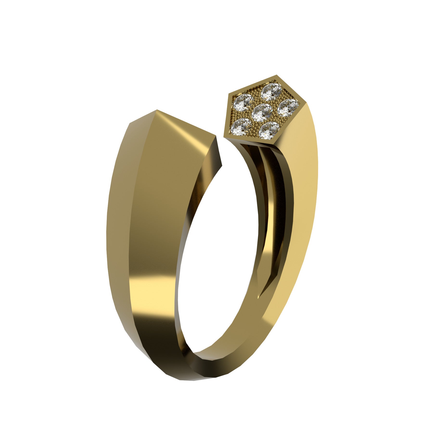 Open pentagonal ring, 18 k yellow gold, natural diamonds, weight about 6,0 g (0,21 oz), width 7,1 mm