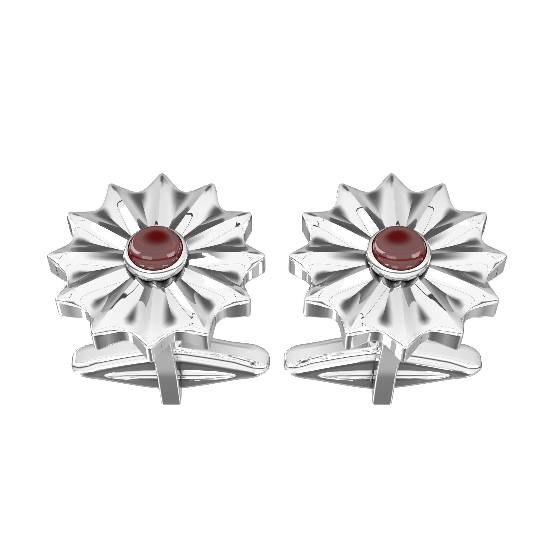 stellar cufflinks, natural cabochon rubies, 18 K white gold, weight about 13,5 g. (0,47 oz), size 16x16x3,9 mm