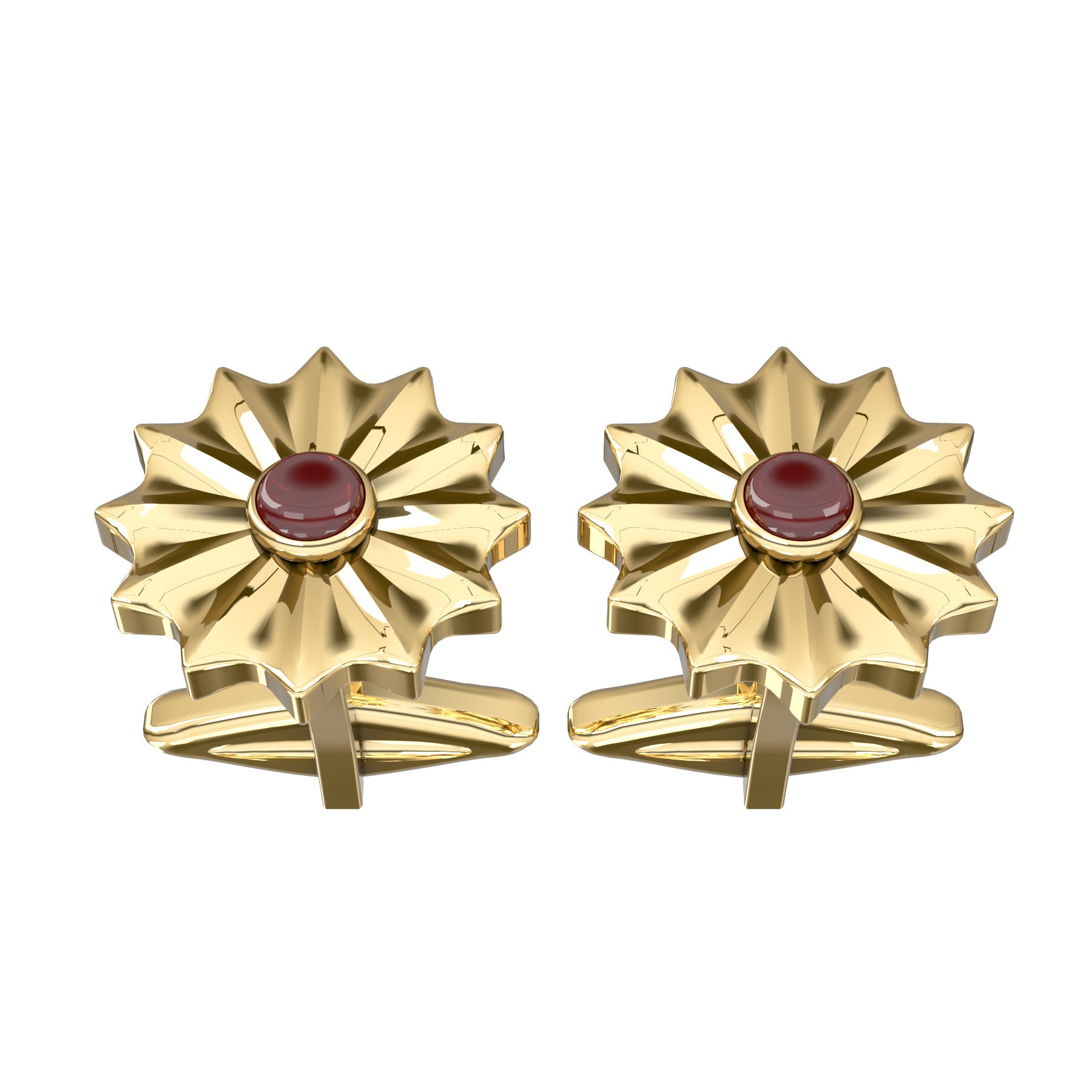 stellar cufflinks, natural cabochon rubies, 18 K yellow gold, weight about 13,0 g. (0,46 oz), size 16x16x3,9 mm