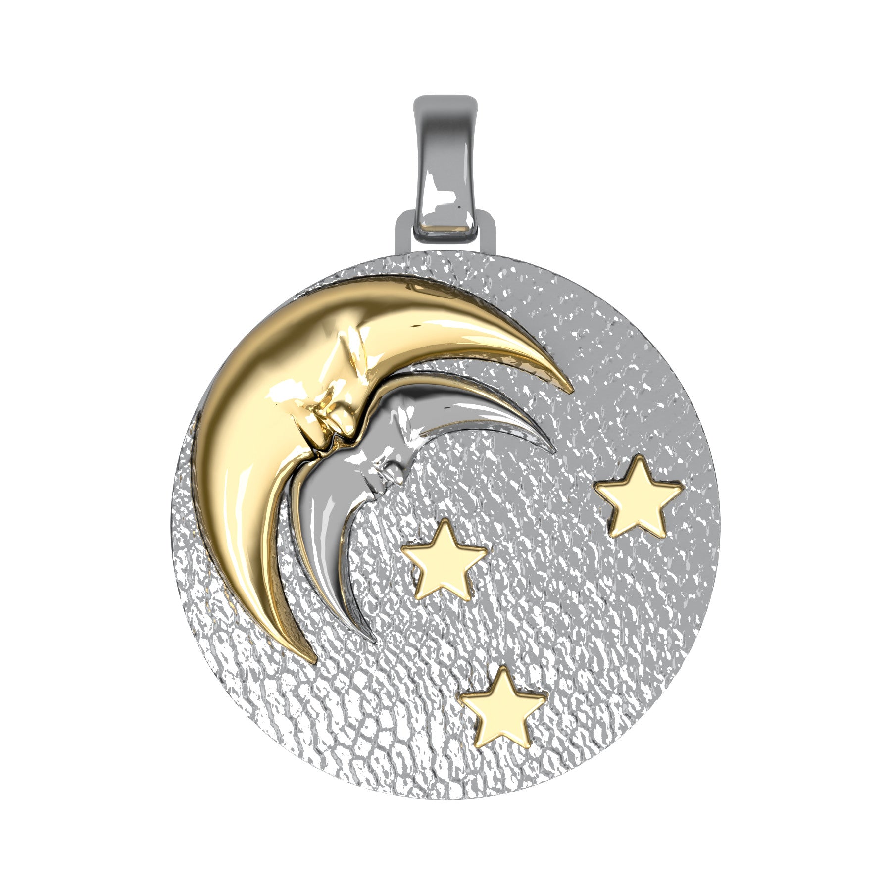 Double half moon pendant, sterling silver and golden sterling silver, weight about 38,2 g (1,35 oz), diameter 40 mm
