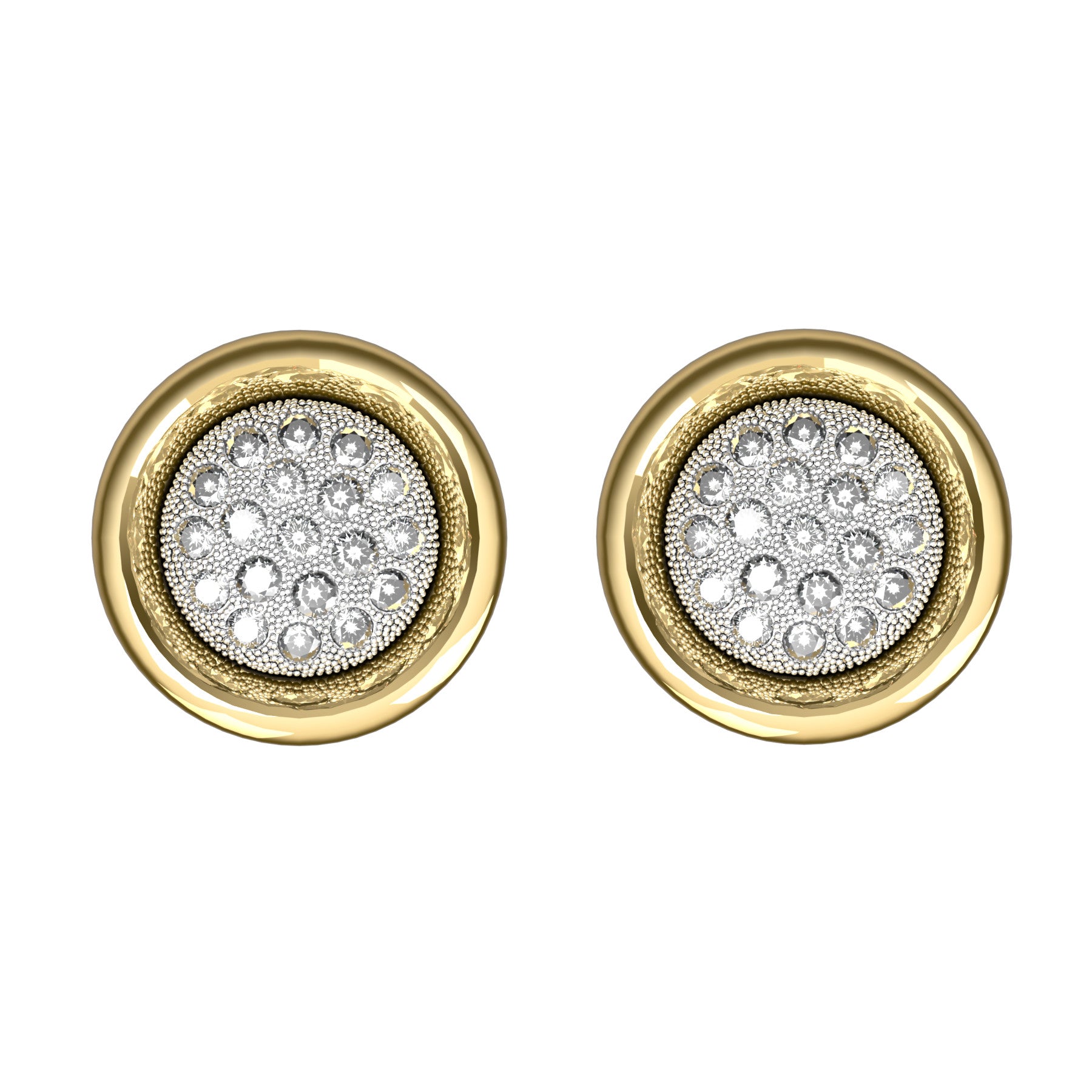round earrings, round natural diamonds, 18 K yellow and white gold, weight about 10,6 g. (0.38 oz) diameter 15 mm