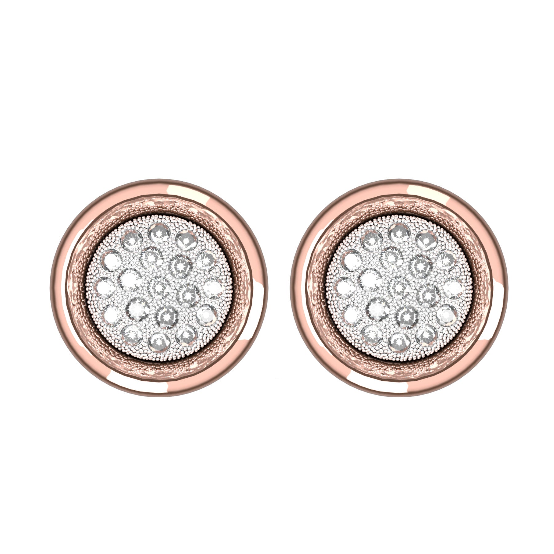 round earrings, round natural diamonds, 18 K pink and white gold, weight about 10,6 g. (0.38 oz) diameter 15 mm