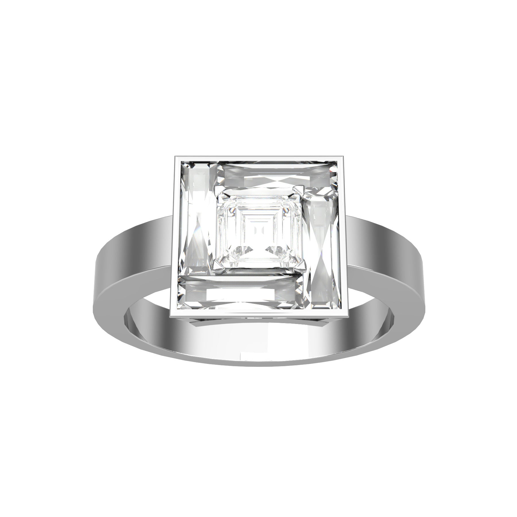 true passion engagement ring, 18 K white gold, 0,30 ct square emerald natural diamond, natural baguette diamonds, weight about 4,8 g. (0.17 oz), width 9,3 mm max