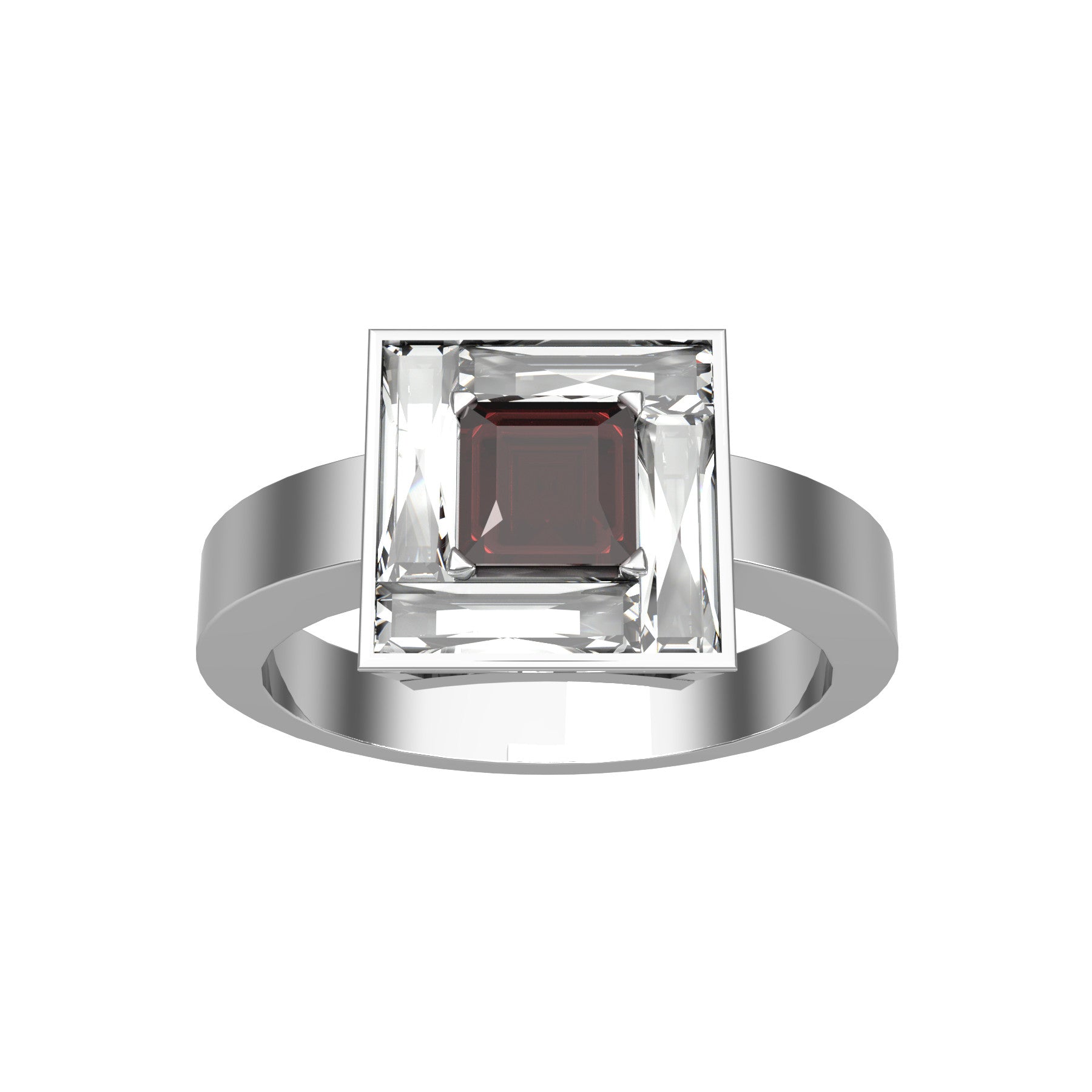 true passion ring, 18 K white gold, about 0,34 ct square emerald natural ruby, natural baguette diamonds, weight about 4,8 g. (0.17 oz), width 9,3 mm max