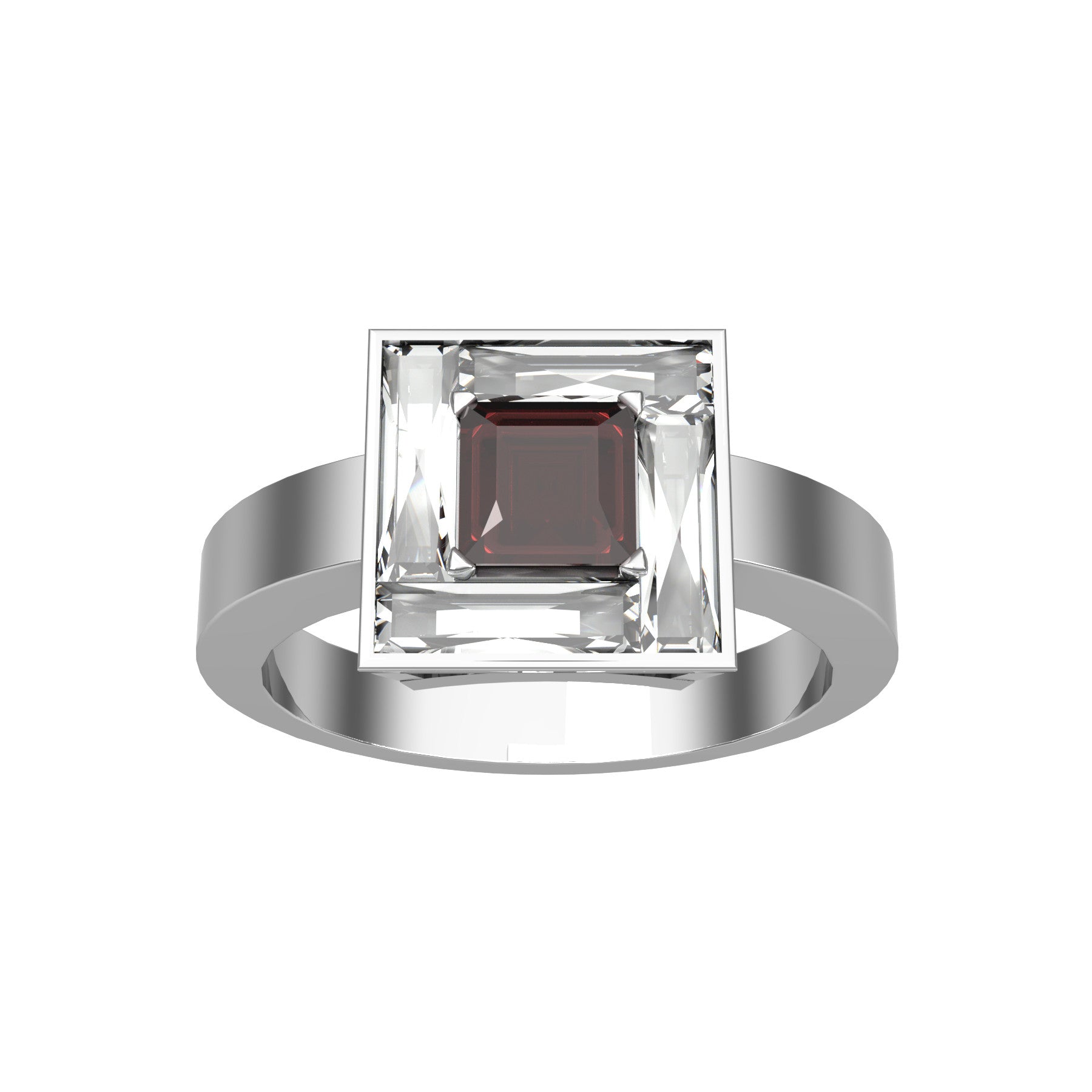 true passion ring, 18 K white gold, about 0,34 ct  square emerald natural ruby, natural baguette diamonds, weight about 4,8 g. (0.17 oz), width 9,3 mm max
