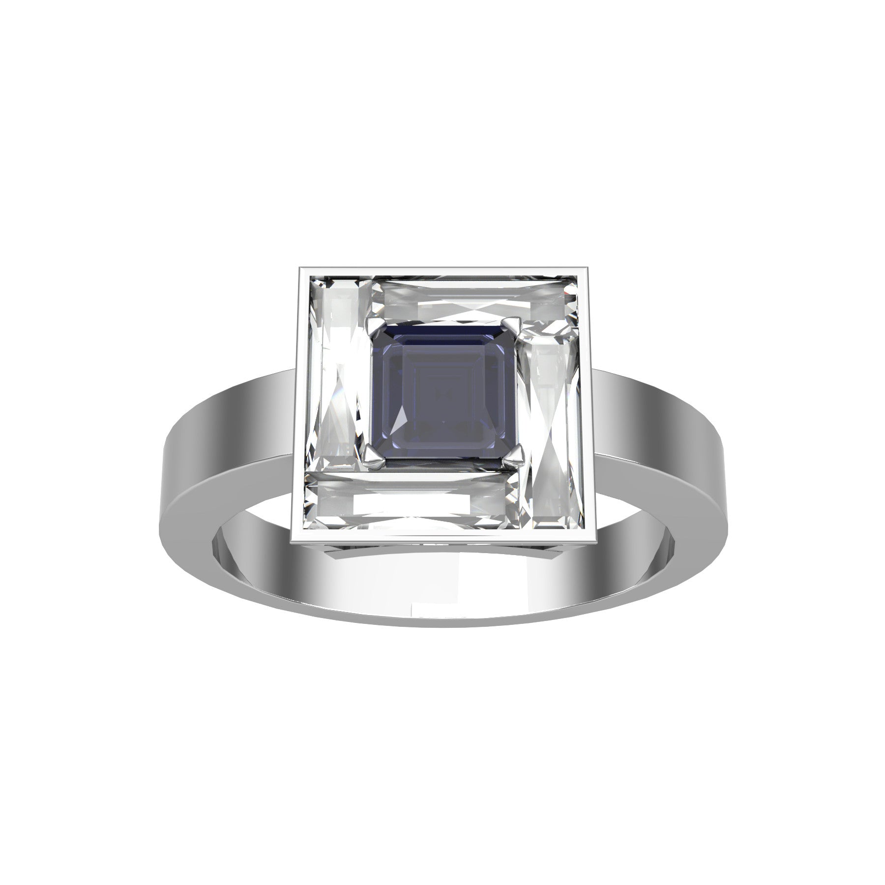 true passion ring, 18 K white gold, about 0,34 ct square emerald natural sapphire, natural baguette diamonds, weight about 4,8 g. (0.17 oz), width 9,3 mm max